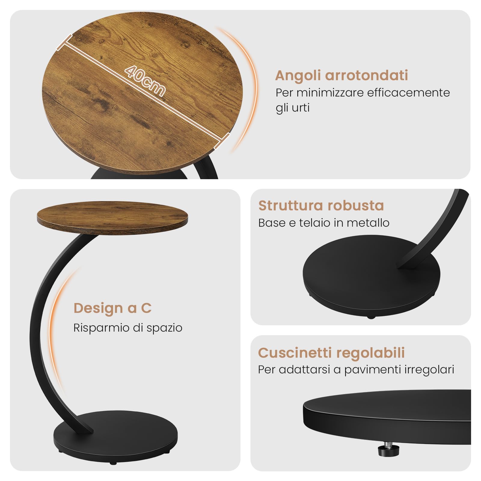 WOLTU Table d'Appoint en Forme C, Table Basse Ronde | Métal et Bois Artificiel,ASSEMBLAGE FACILE,Convient au salon,Capacité de charge maximale de 10 kg,Effet Bois Vintage,φ40x65cm