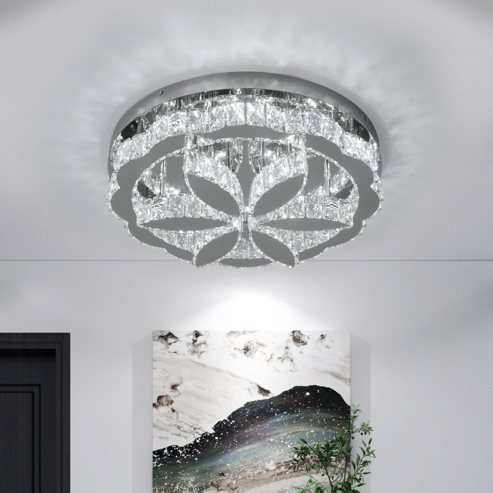 GreeLustr Crystal Chandelier with Remote, 3-Color Dimmable Crystal Led Ceiling Lights, Flush Mount Stainless Steel Rings Lamp Fixturre for Bedroom Living Dinning Room, 50CM, Large Size