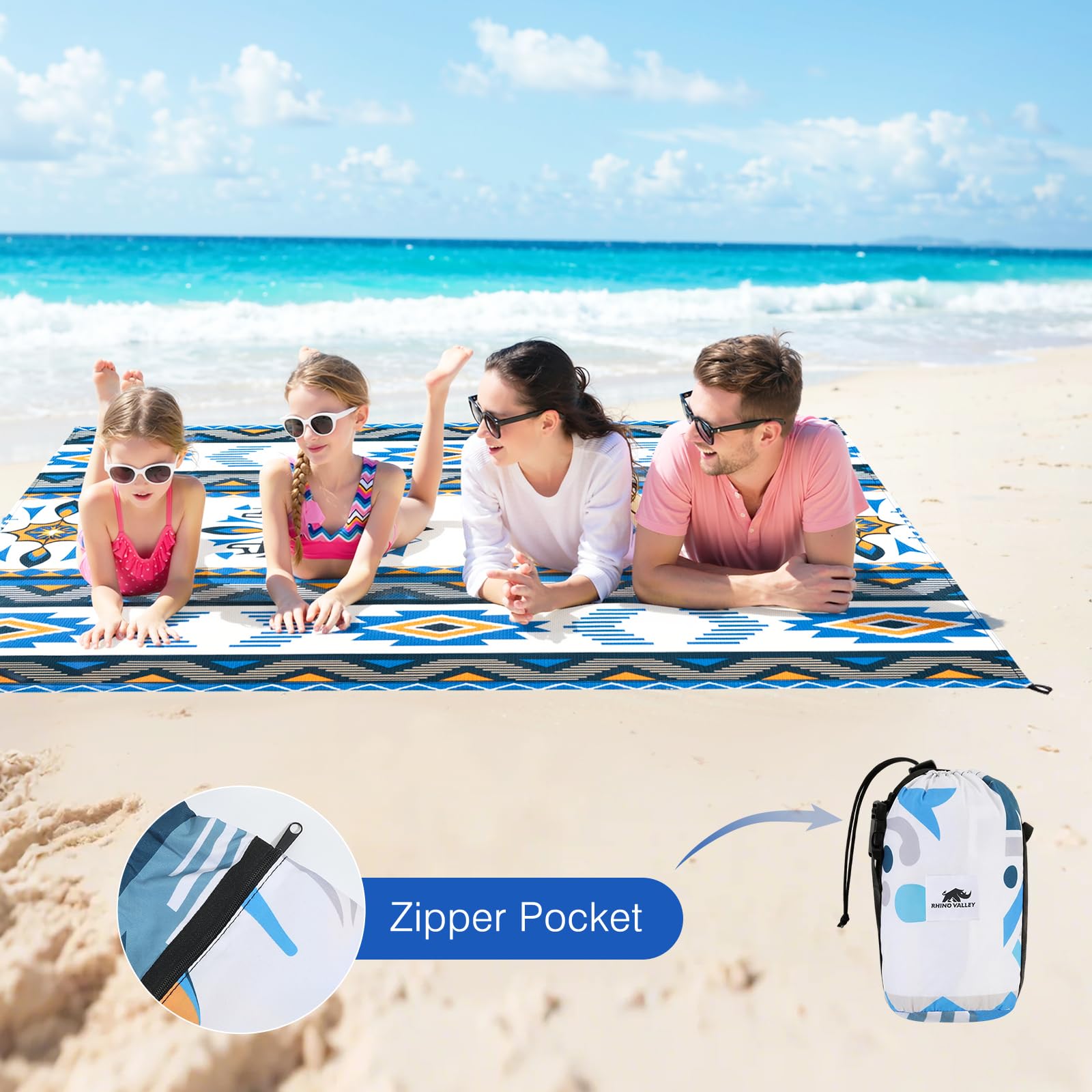 Rhino Valley Mata Plażowa 200x200cm Z Torbą I 4 Palikami | Odporna Na Piasek Szybkoschnąca Mata Plażowa Piknikowa Na Plażę, Podróż, Kemping, Wzór Serce Oceanu (6,5x6,5FT)