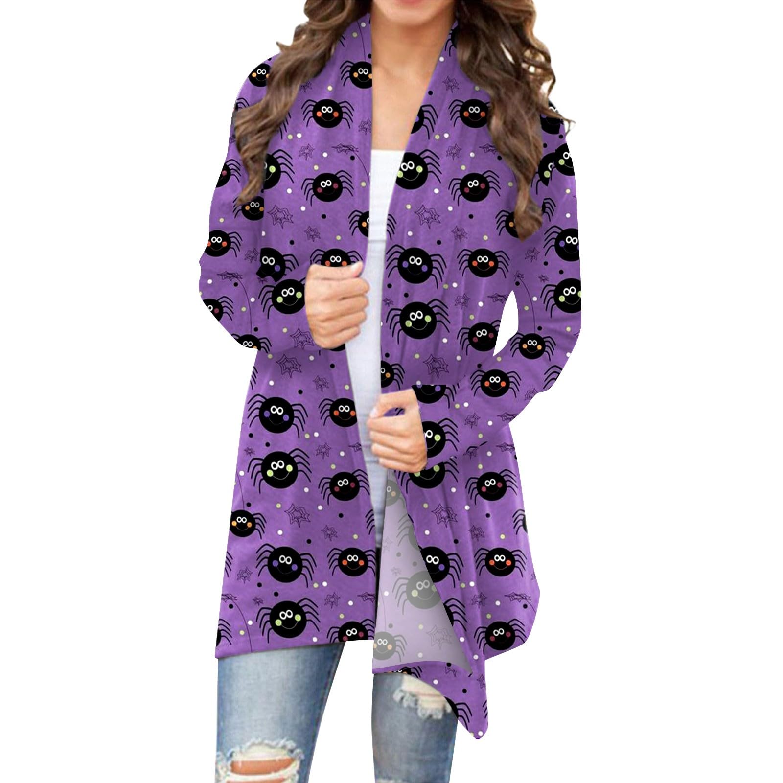 TREBINWomen's Fashion Casual Halloween Print Medium Length Cardigan Jacket Coat