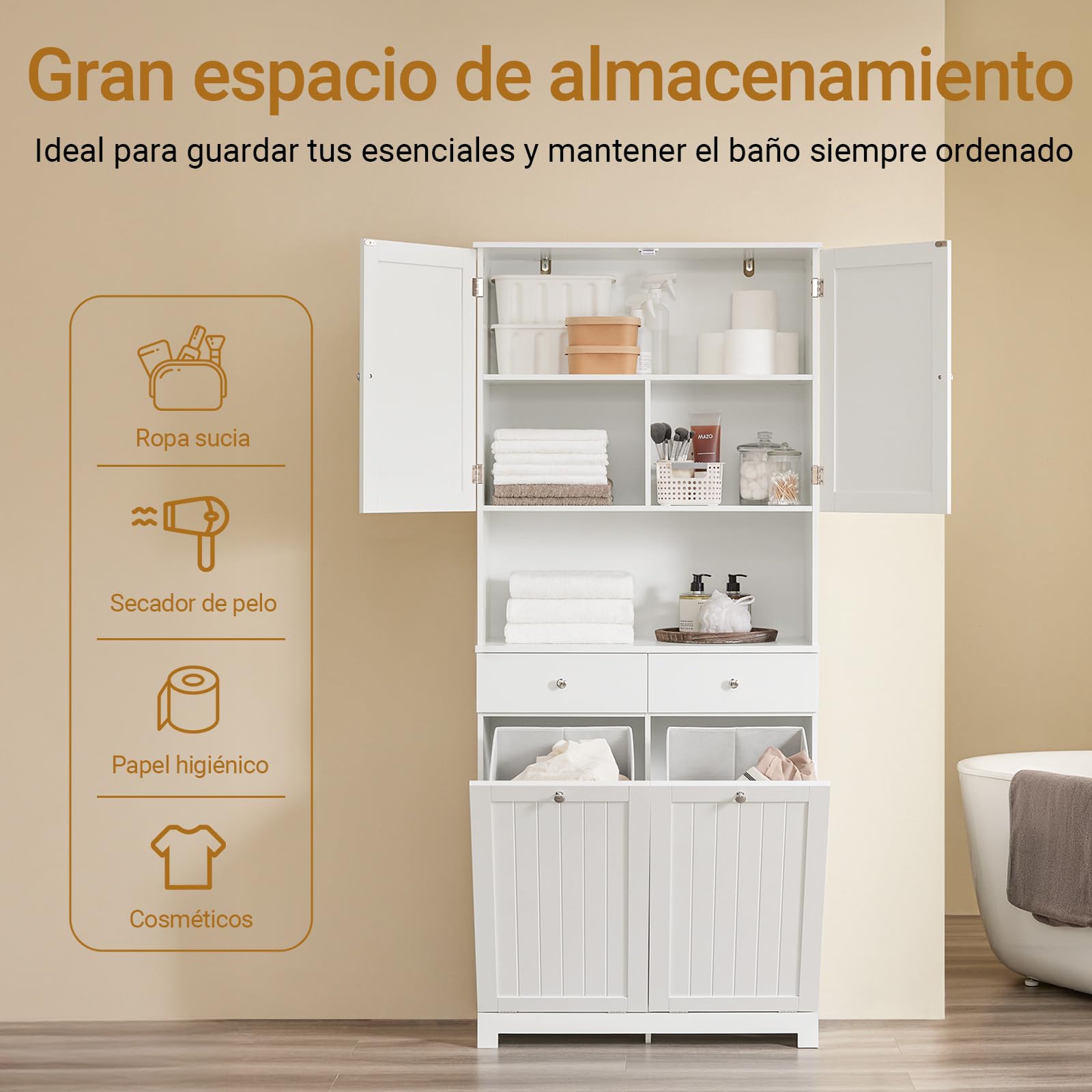 SoBuy Mueble Baño Estrecho Armario Alto Almacenaje 78x38x181cm para Aseo | Con 2 Cestos para Ropa y 2 Cajones Mueble Auxiliar con Estante Abierto BZR215-W