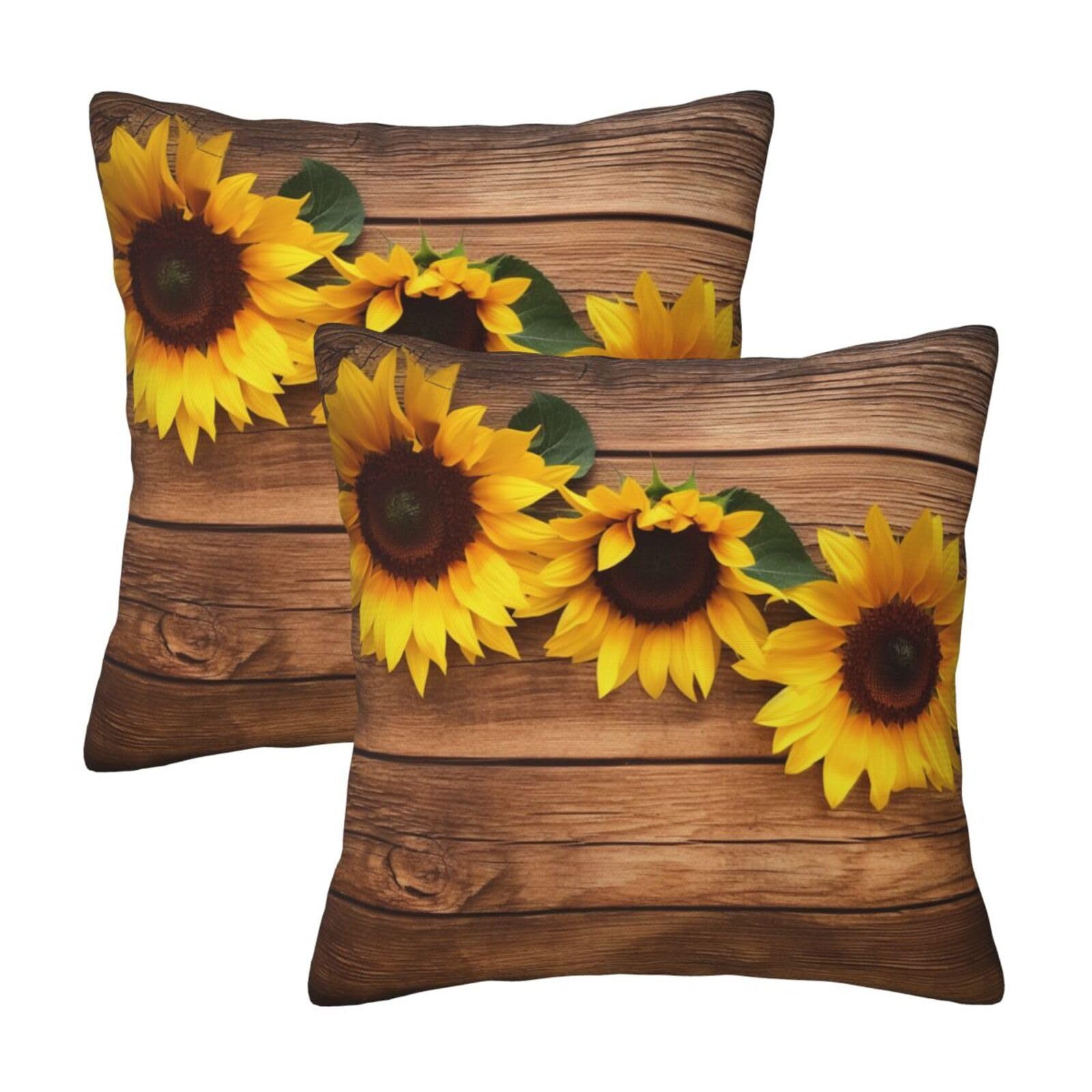 Sunflower on Wood Plank Throw Pillow Cases 2 Pack Square Pillowcases Soft Pillow Protectors for Couch Livingroom Sofa Bed Office Car,30x30 CM