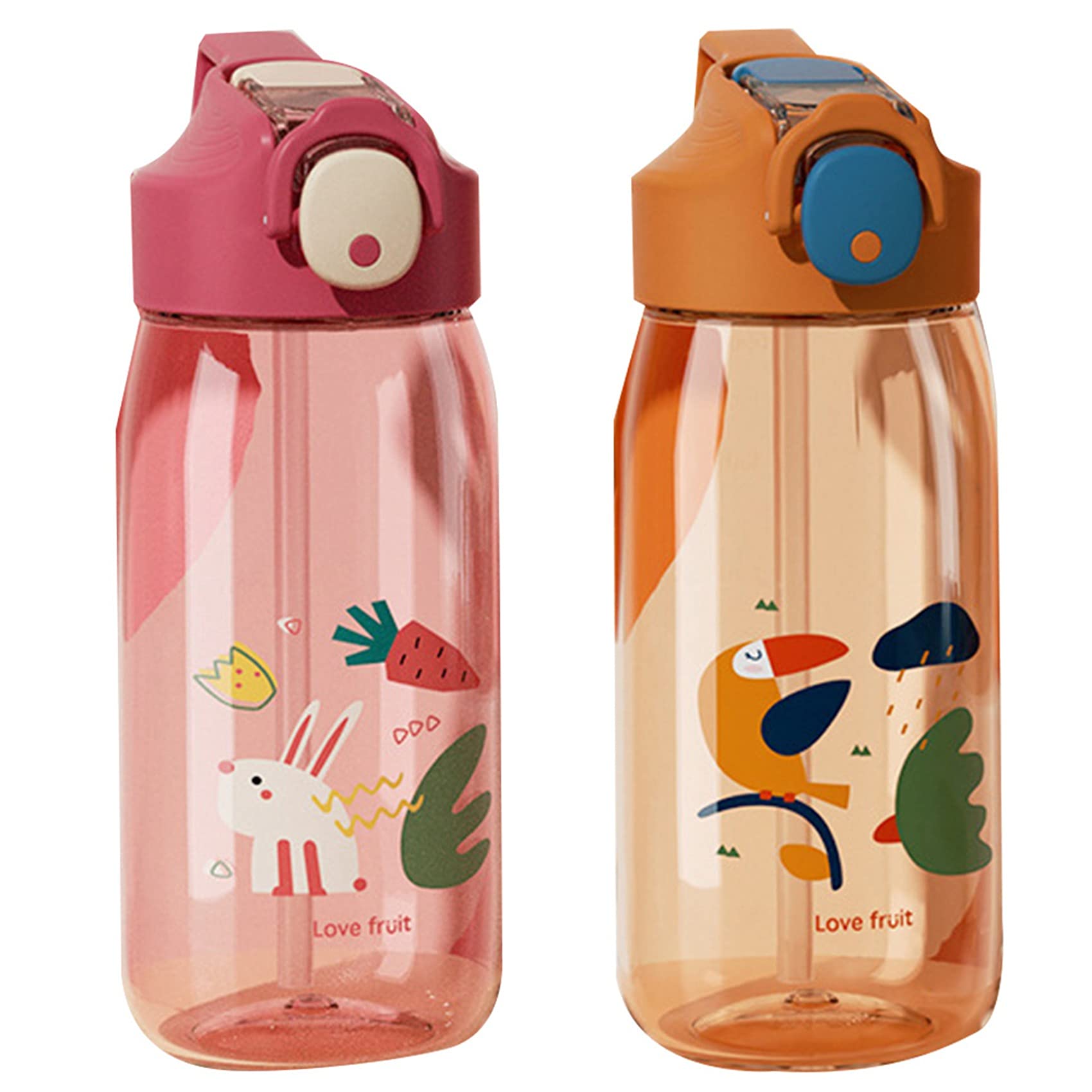 2PCS 550Ml Water Bottle with Straw Leak-Proof for Kids Free Plastic Drinking Bottle Red Orange