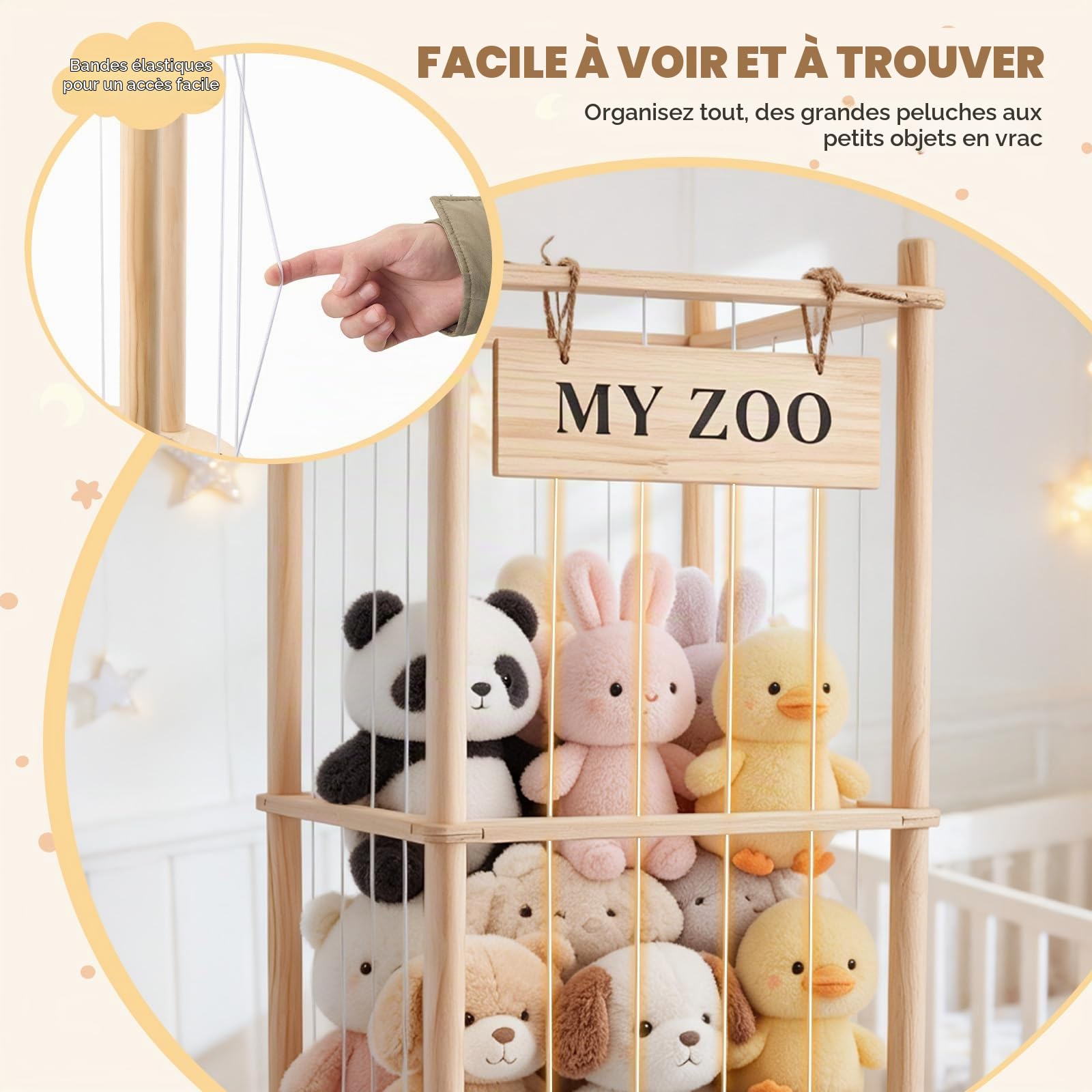 Rangement pour peluches, en bois, avec freins à 360°, grande capacité, 135 x 40 x 40 cm, pour salle de jeux, chambre d'enfant, chambre à coucher