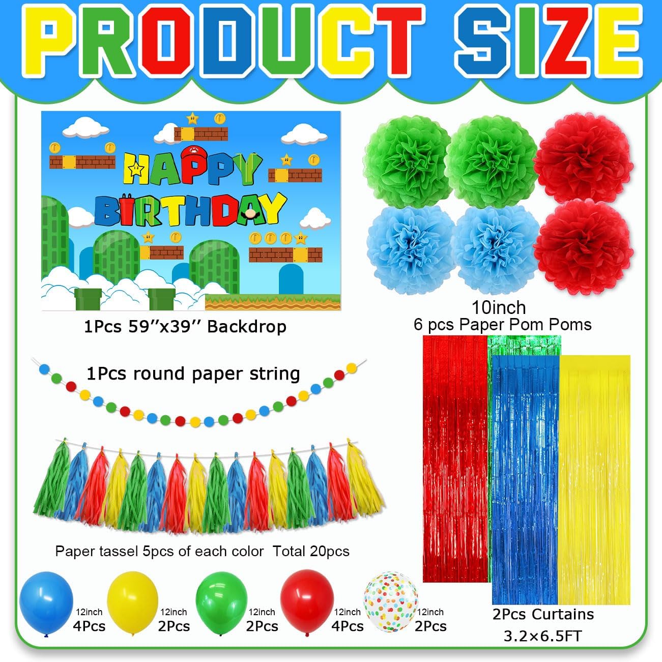 スーパーブラザーの男の子向けゲームパーティーデコレーション。背景バナーバルーンタッセルペーパーポンポンビデオゲームをテーマにしたデコ