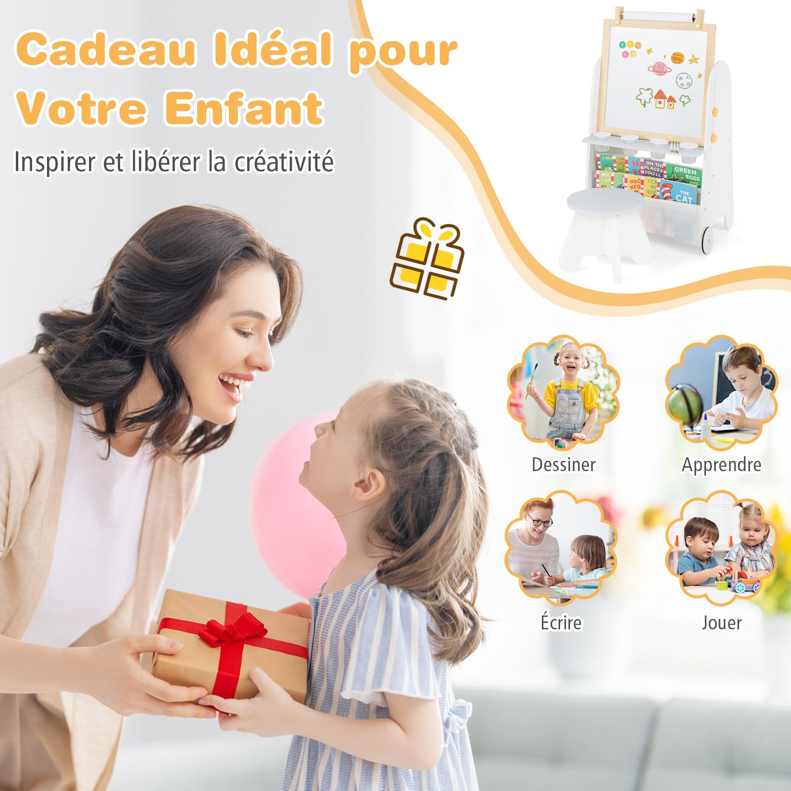 COSTWAY 4 en 1 Tableau Enfant avec Tableau Noir & Magnétique Réglable