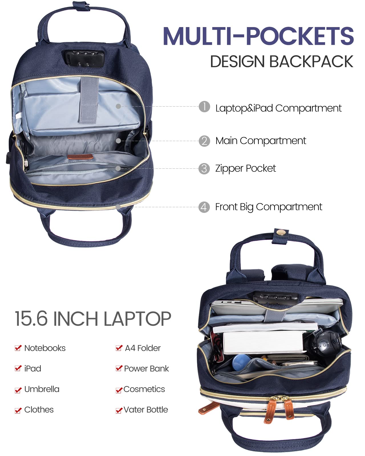 LOVEVOOK Zaino Donna Porta PC 15.6&17 Pollici, Zainetto Università e Lavoro, Antifurto Impermeabile, Computer Backpack Bosa per Viaggio e Notebook