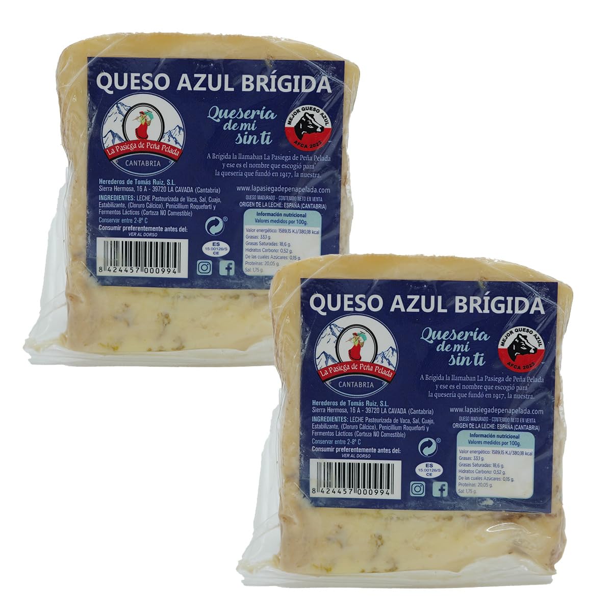 LA PASIEGA DE PEÑAPELADA Queso Azul Brígida, PACK 2 Cuñas 350 gr (aprox) Al vacío - Sabor Intenso y Cremoso - Elaborado con Leche Pasteurizada de Vaca - Calidad Artesanal Española