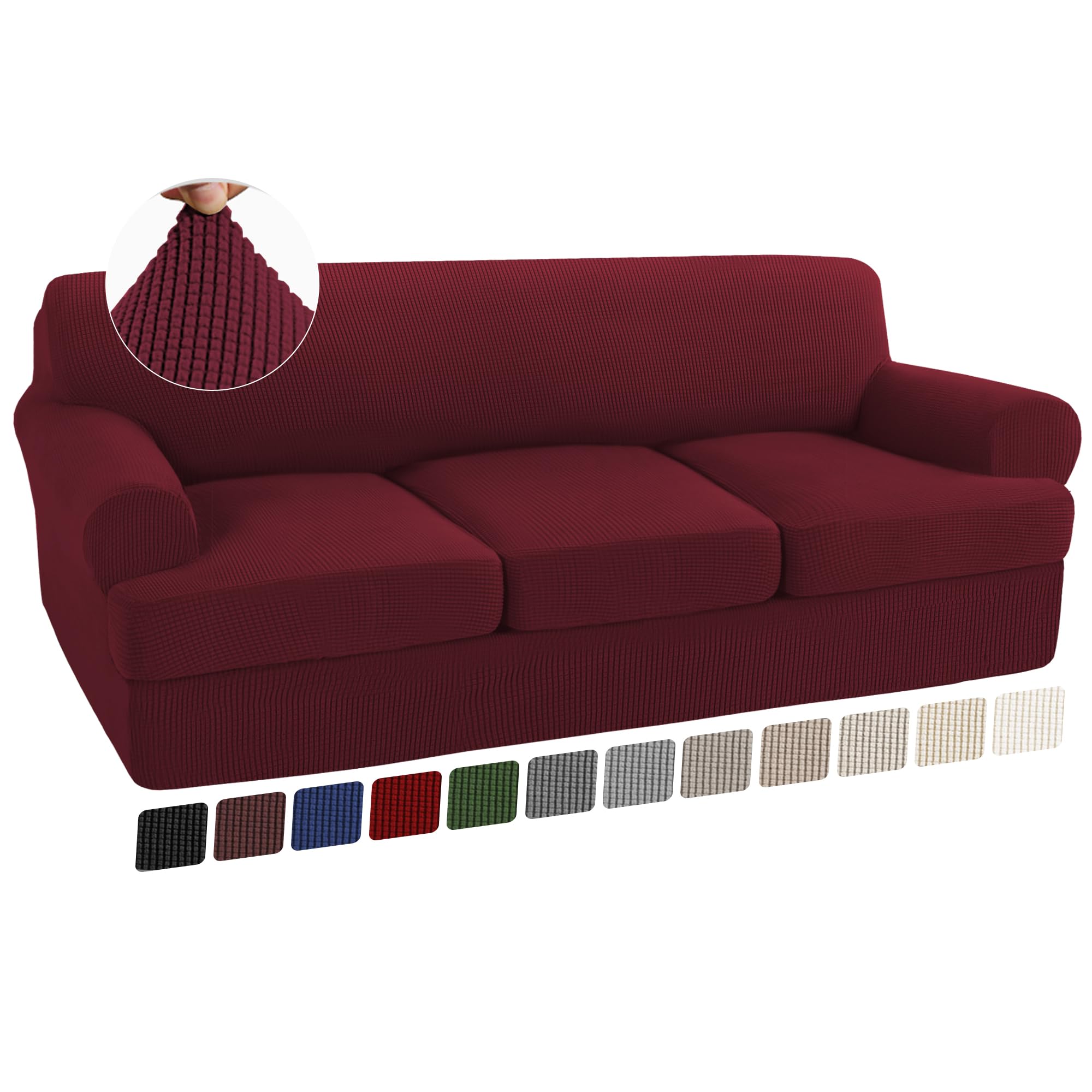 Turquoize 4 Piece T Cushion Sofa Slipcovers Stretch Couch Cover Furniture Covers with 3 Individual T Cushion Covers, Machine Washable (3 Cushion Sofa, Burgundy)