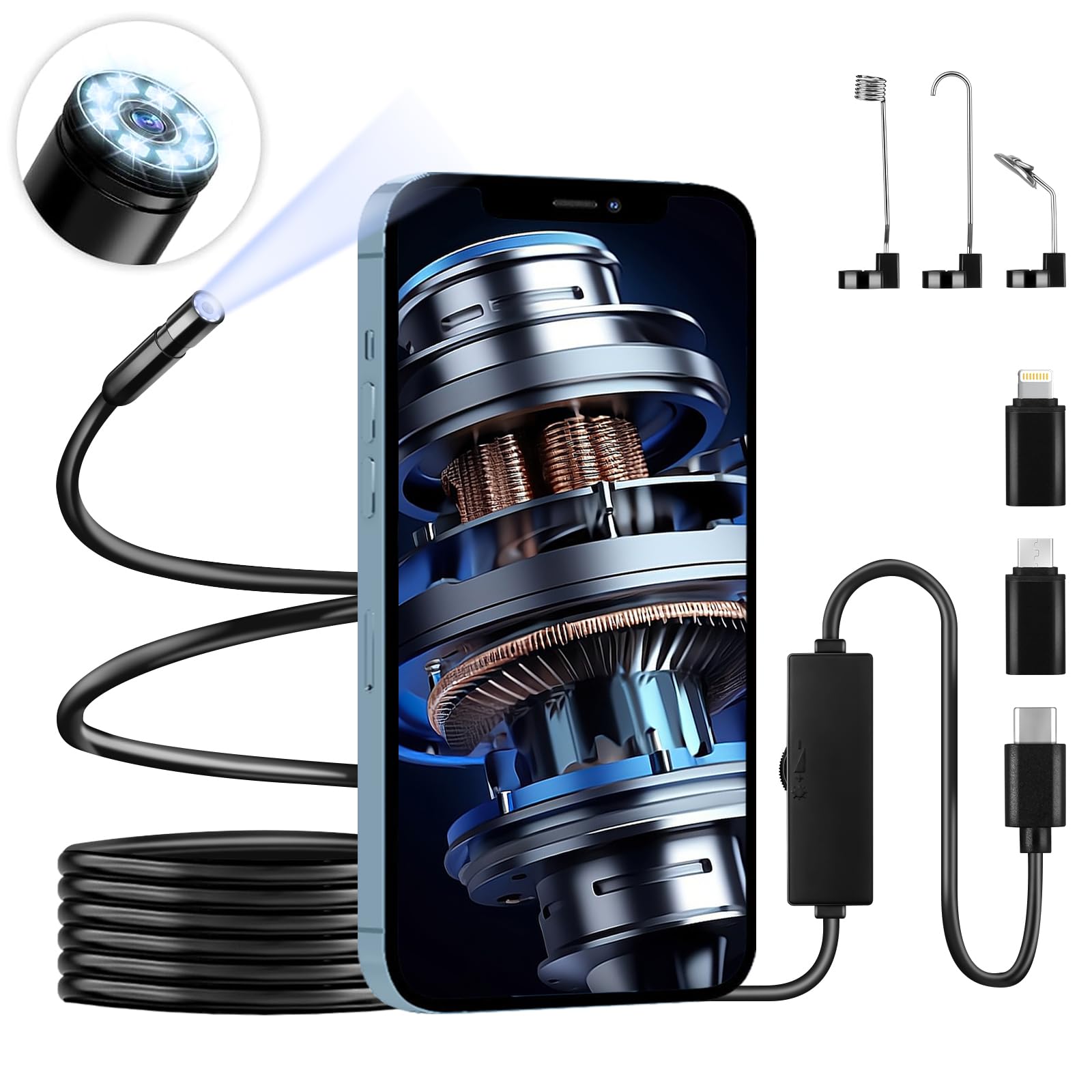 Jebousike Endoscope Camera with Light,1080P HD Borescope with 8 LED Lights 6.6FT Semi-Rigid Snake Cabl, IP67 Waterproof Industrial Inspection Camera Compatible for Android, iPhone, iPad-(Black)-image-13