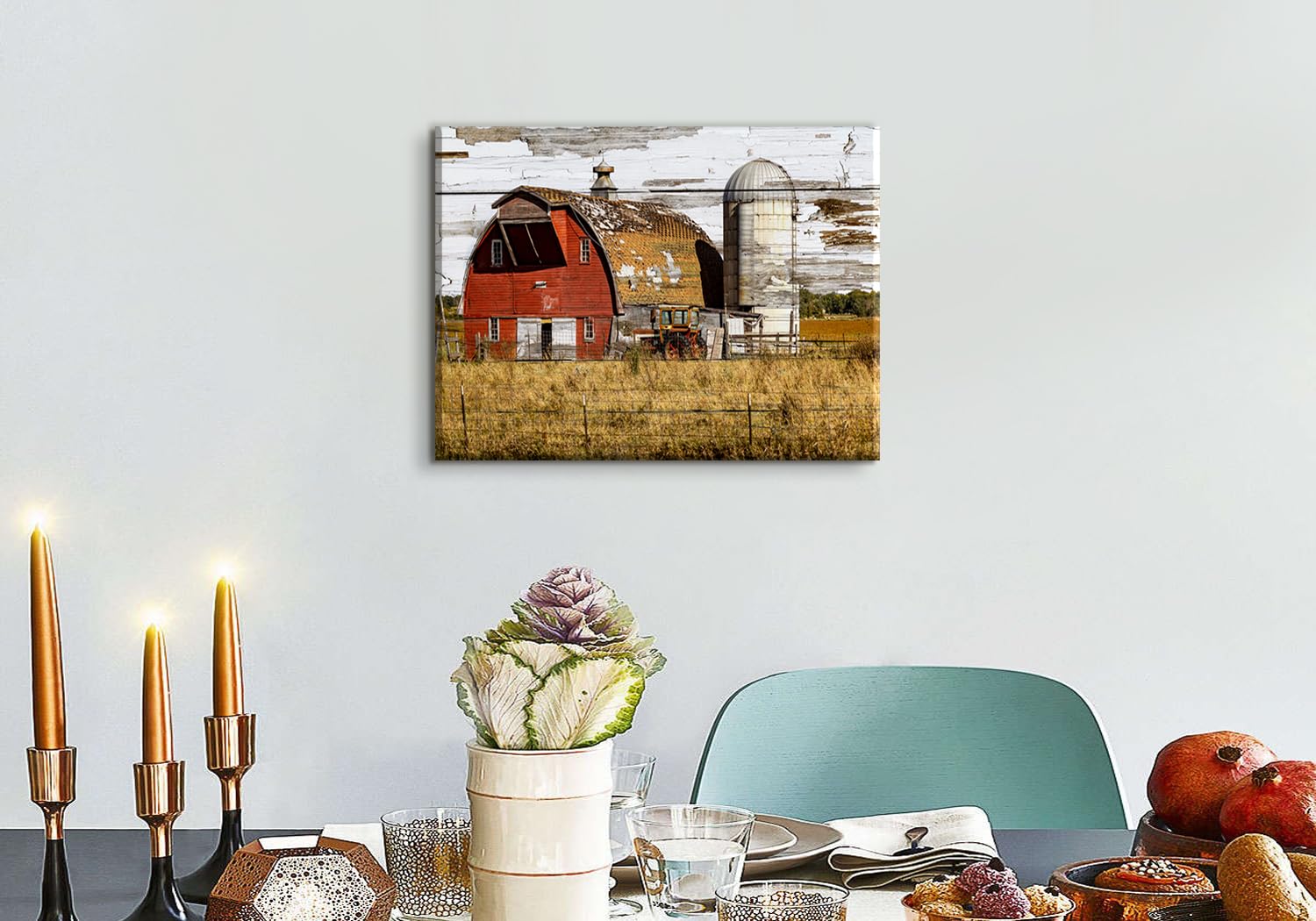 Decor Well Peinture sur toile de grange de ferme en blanc et rouge – Art mural rustique pour décoration de salon (rouge