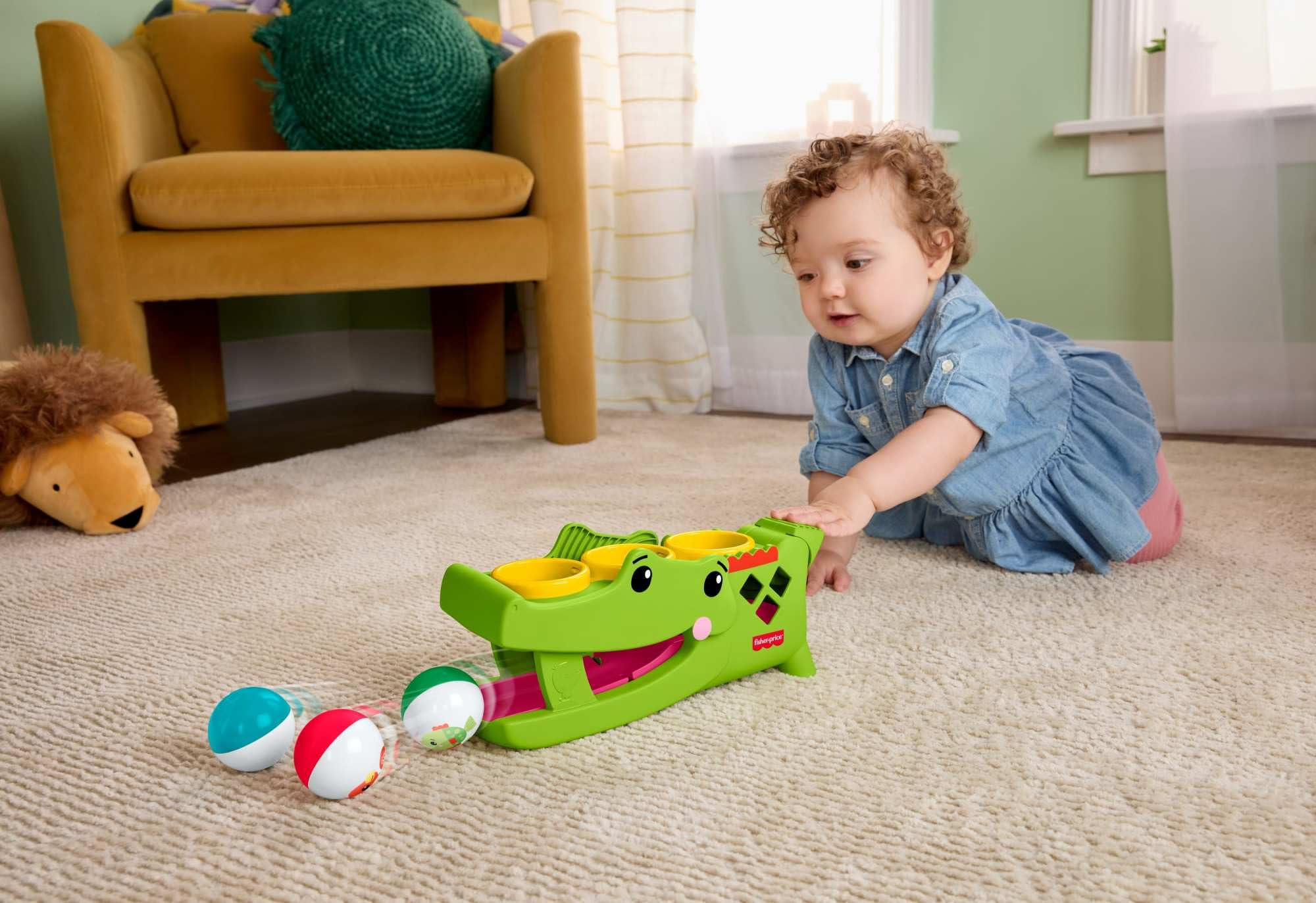 Fisher-Price Krokodyl Przebijanka aktywizująca z piłeczkami, zestaw zachęcający do raczkowania, młoteczek i 3 piłeczki, zabawka rozwojowa dla dzieci od 9 miesiąca życia, JLB94