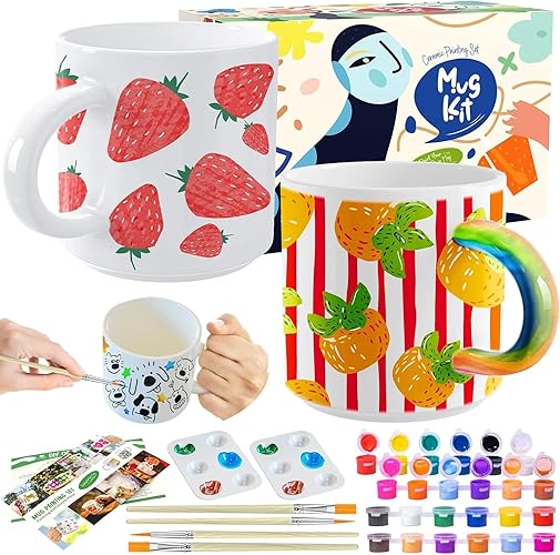 Crifeton Kit de peinture en céramique avec tasses, pinceaux, peintures et instructions pour la peinture, kit de poterie pour la maison, kit de bricolage pour adultes - Lisse