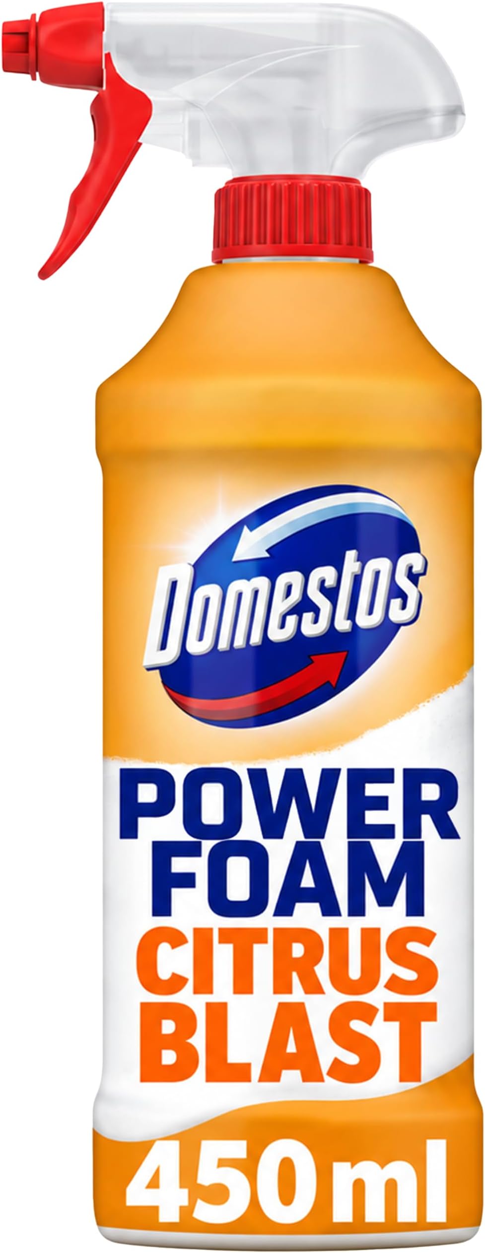 Domestos Power Foam Citrus Blast Toilet & Bathroom Cleaner Spray sprays upside down & eliminates 99.99% of germs* for cleaning inside the toilet & around the bathroom 450 ml