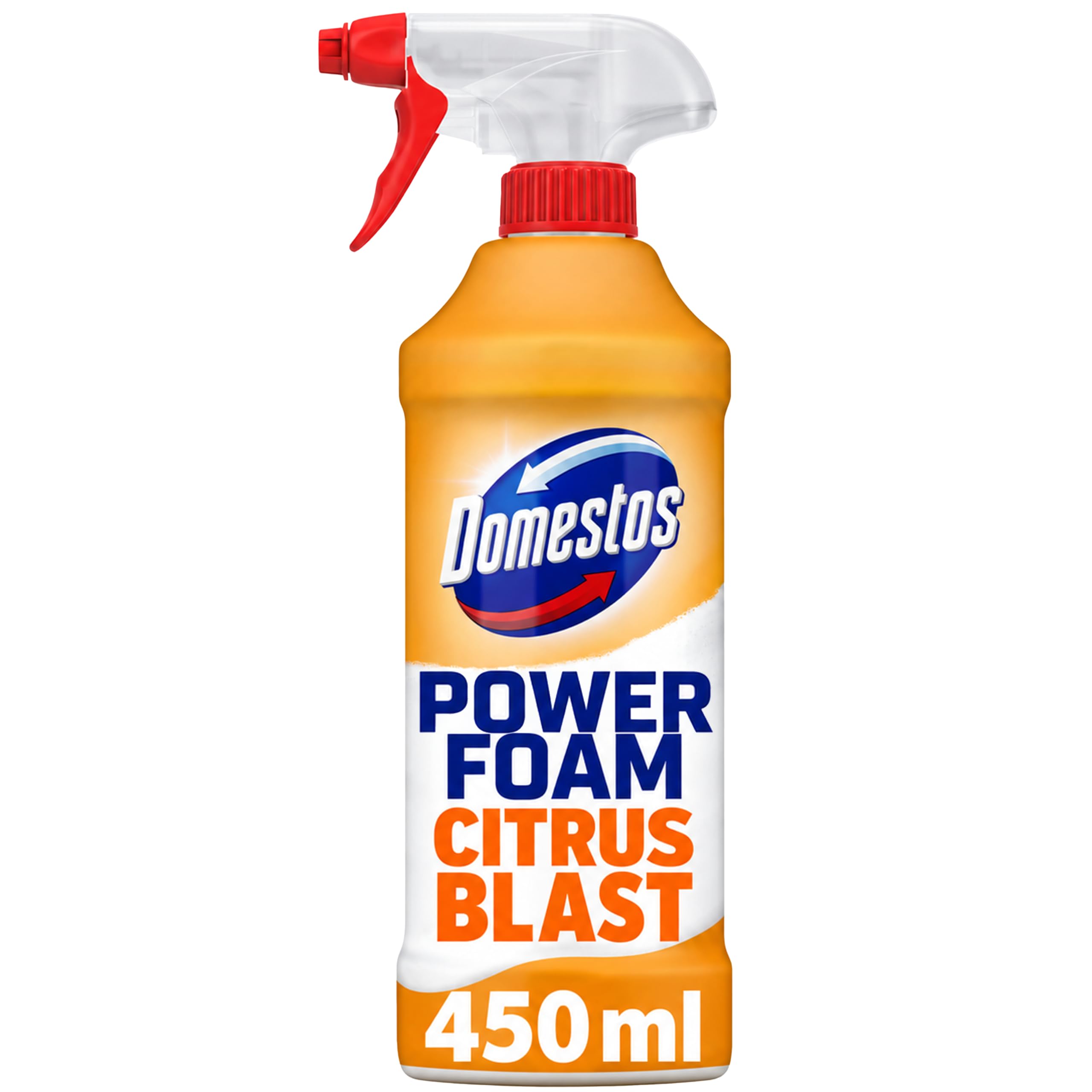 Domestos Power Foam Citrus Blast Toilet & Bathroom Cleaner Spray sprays upside down & eliminates 99.99% of germs* for cleaning inside the toilet & around the bathroom 450 ml