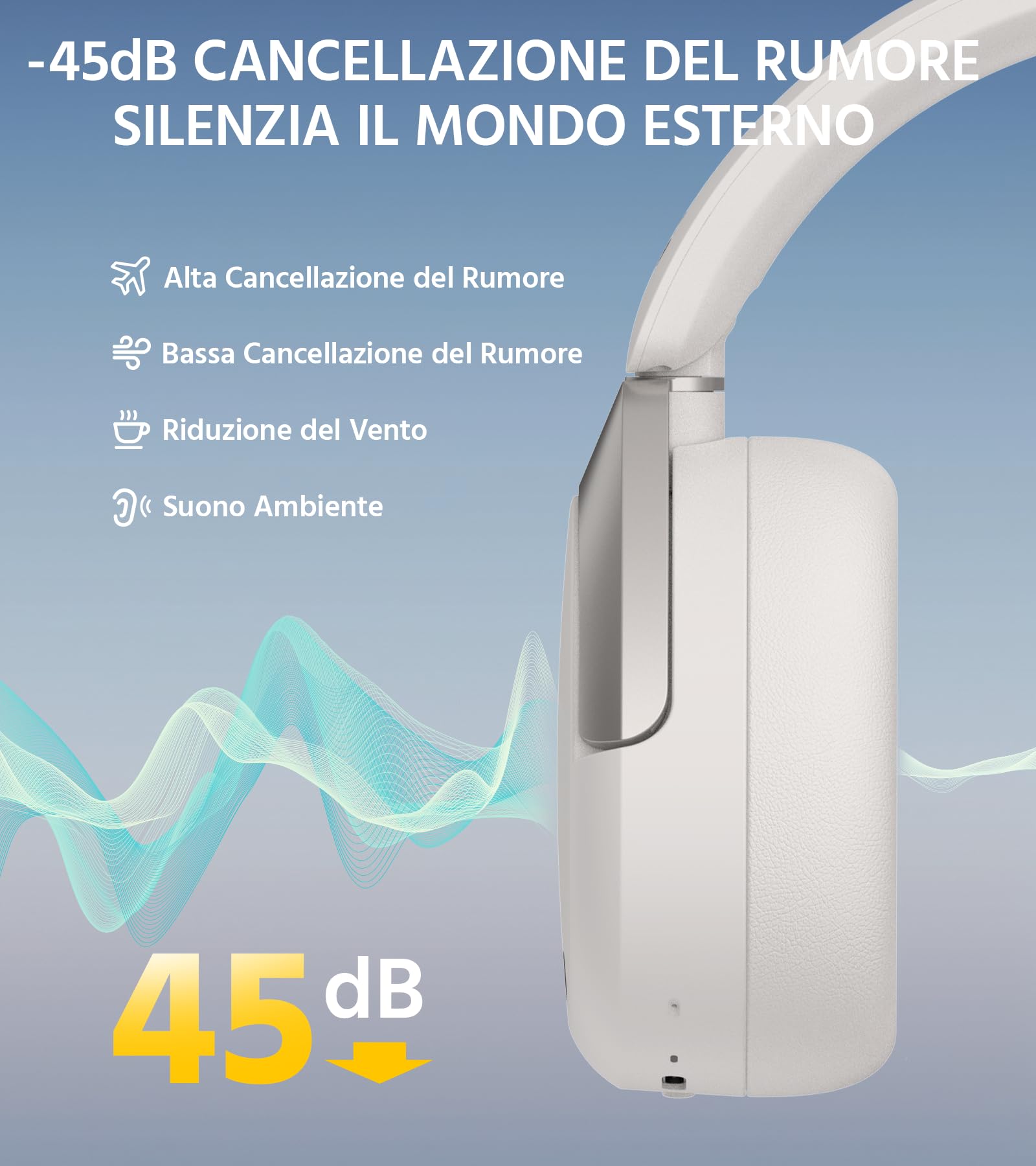 Edifier W830NB Cuffie Over Ear Bluetooth V5.4, Cancellazione Rumore Attiva Ibrida -45dB, Autonomia di di 94 ore, Hi-Res Wireless con LDAC, Audio Spaziale, Ricarica Rapida, Connessione Multipoint - Vista 3