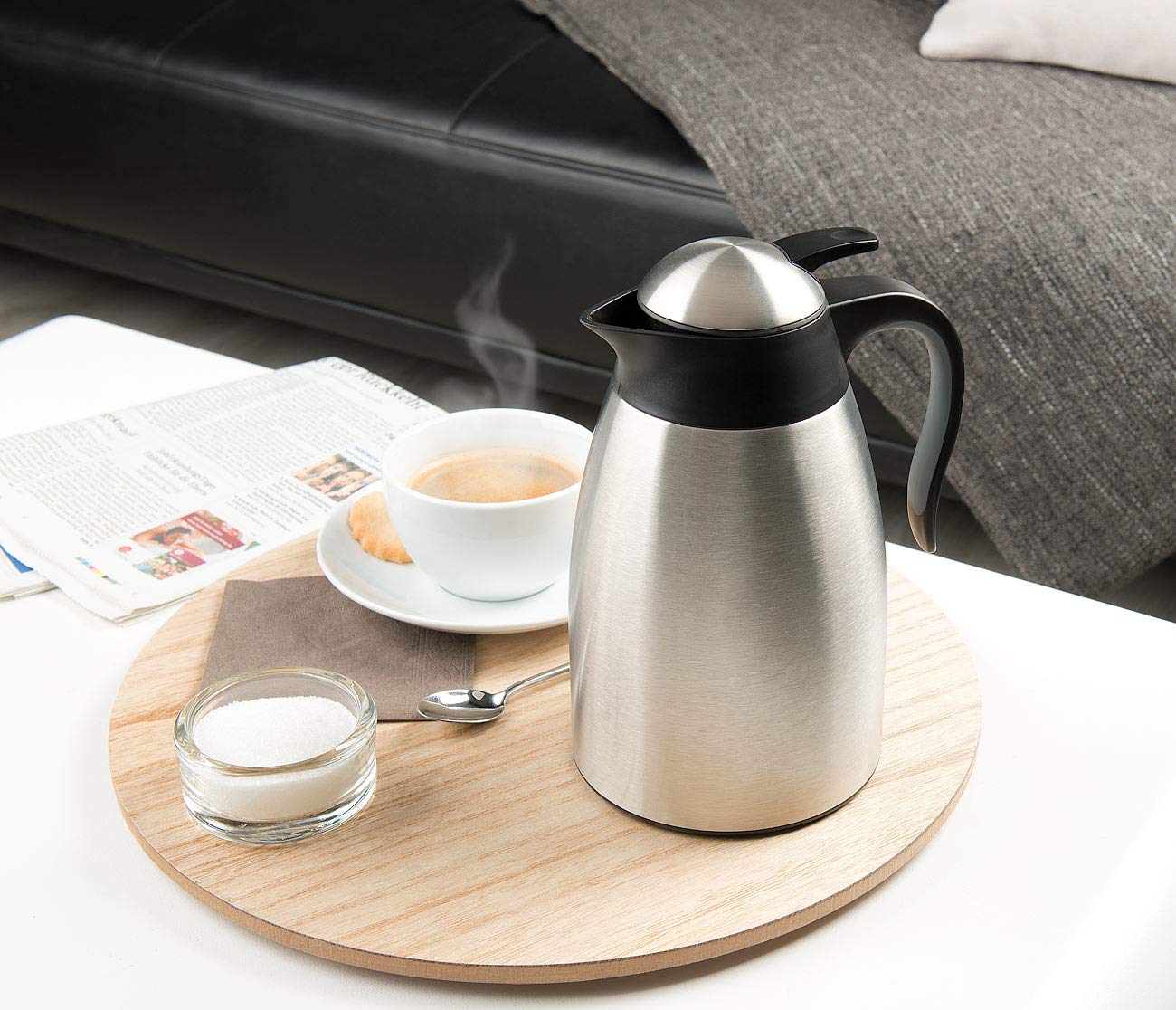 Rosenstein & Söhne Vakuum-Kaffeekanne: 2er-Set doppelwandige Edelstahl-Vakuum-Isolierkanne m. Ausgießtaste (Thermokanne, Isolierkanne Einhandautomatik)