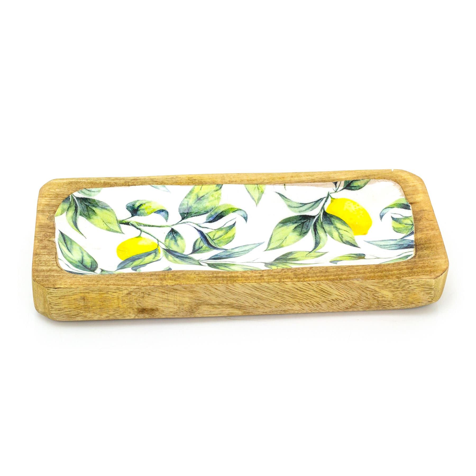 Carousel Home Lemon Orchard Enamelled Mango Wood Dish | Hand Crafted Rectangle Serving Platter Graze Board Snack Board | Sharing Platter Food Board for Appetisers - 30cm