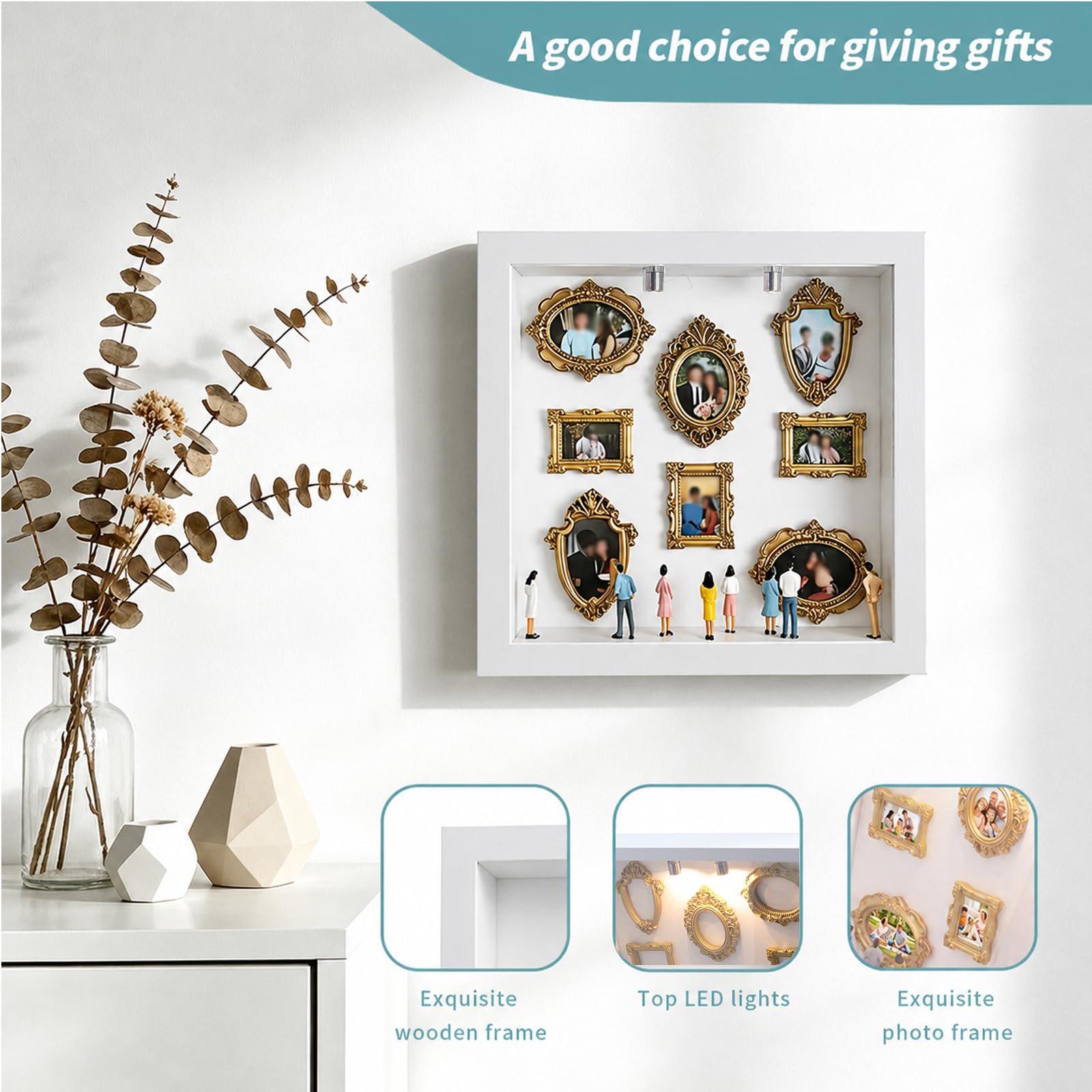 Diy Mini Museum Silhouette Box, RosyFate Shadow Box Frame con Mini Cornice e Figurine in Miniatura, Mini Museo Foto Idea Fai da Te Decorazioni Casa per Anniversario, Compleanno (Bianco)