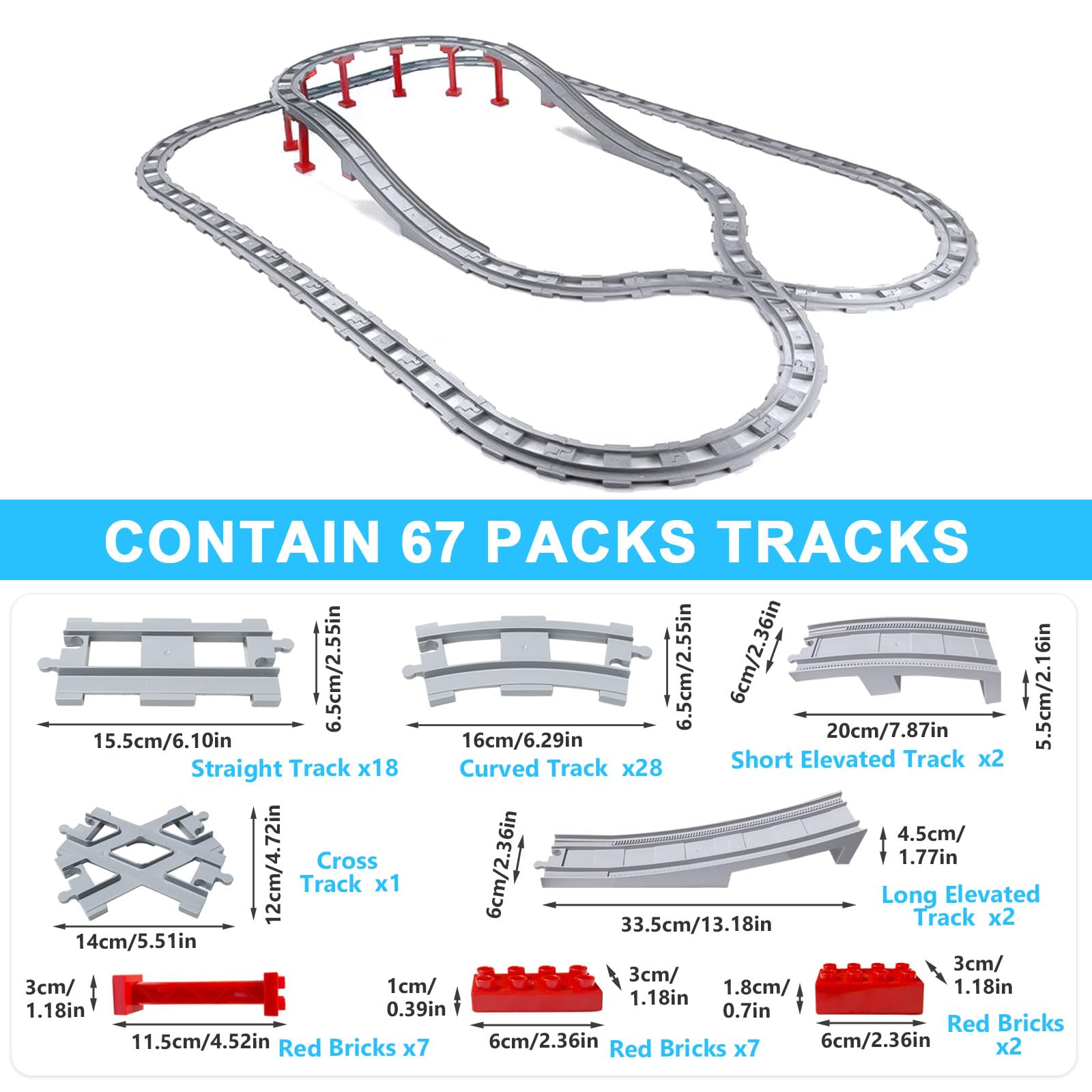 Lot de 67 blocs de construction pour rails de train, compatibles avec le leader du marché, changement d'orbite, rails droits, courbes, railway rails, jouets pour enfants