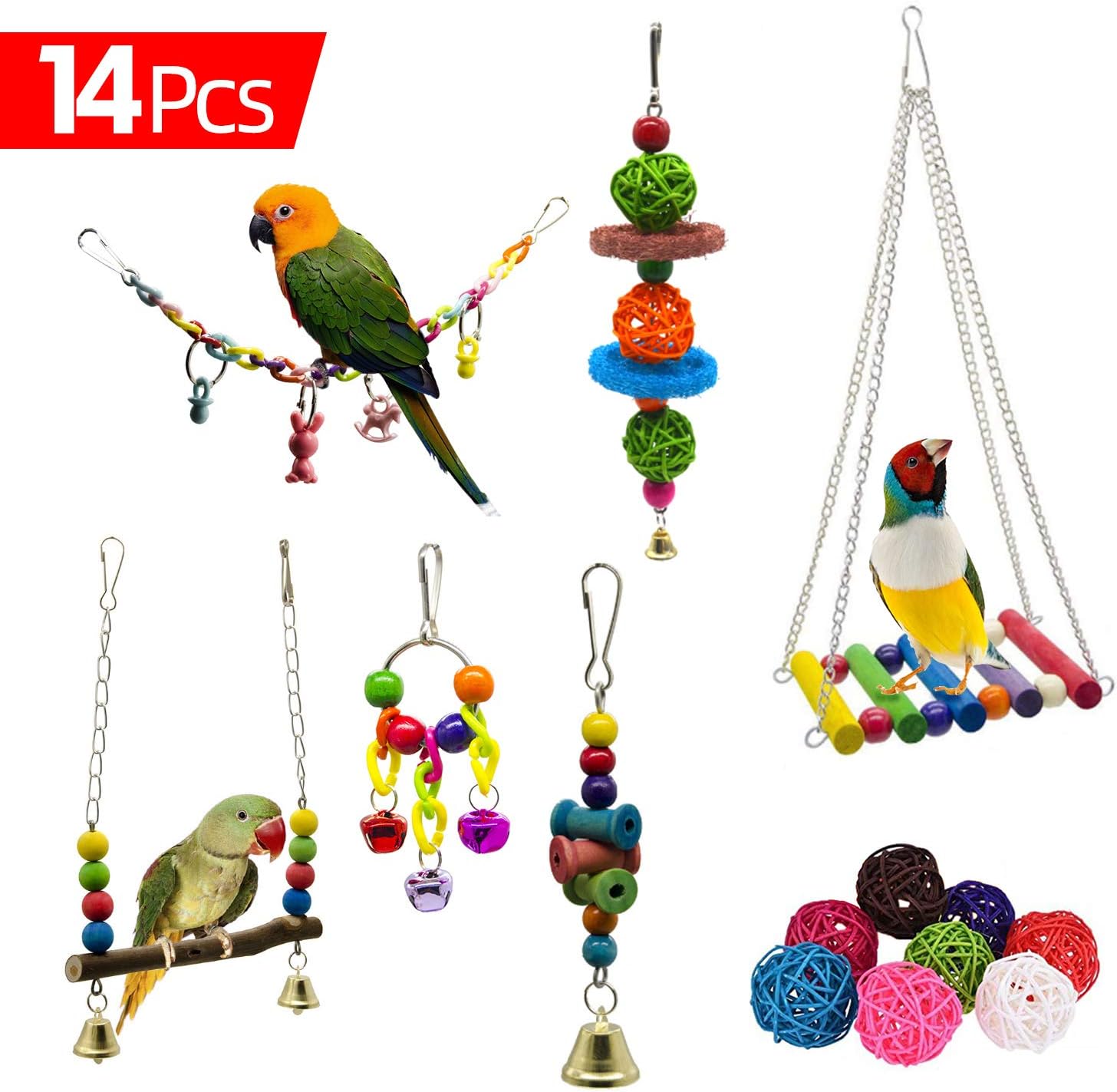 WEIYU 14 PCS Bird Swing Chewing Toys-Small Wooden Parrot Toys Hanging Bell Birds Cage Toys Suitable for Small Parakeets, Cockatiel,…