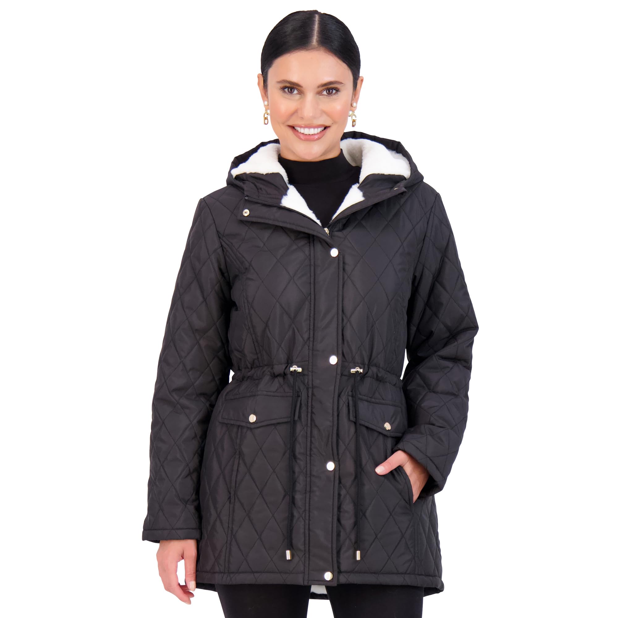 Jones New York Diamond-Quilted Jacket Anorak with Fur Lining - Winter Coats for Women - Black - 2X