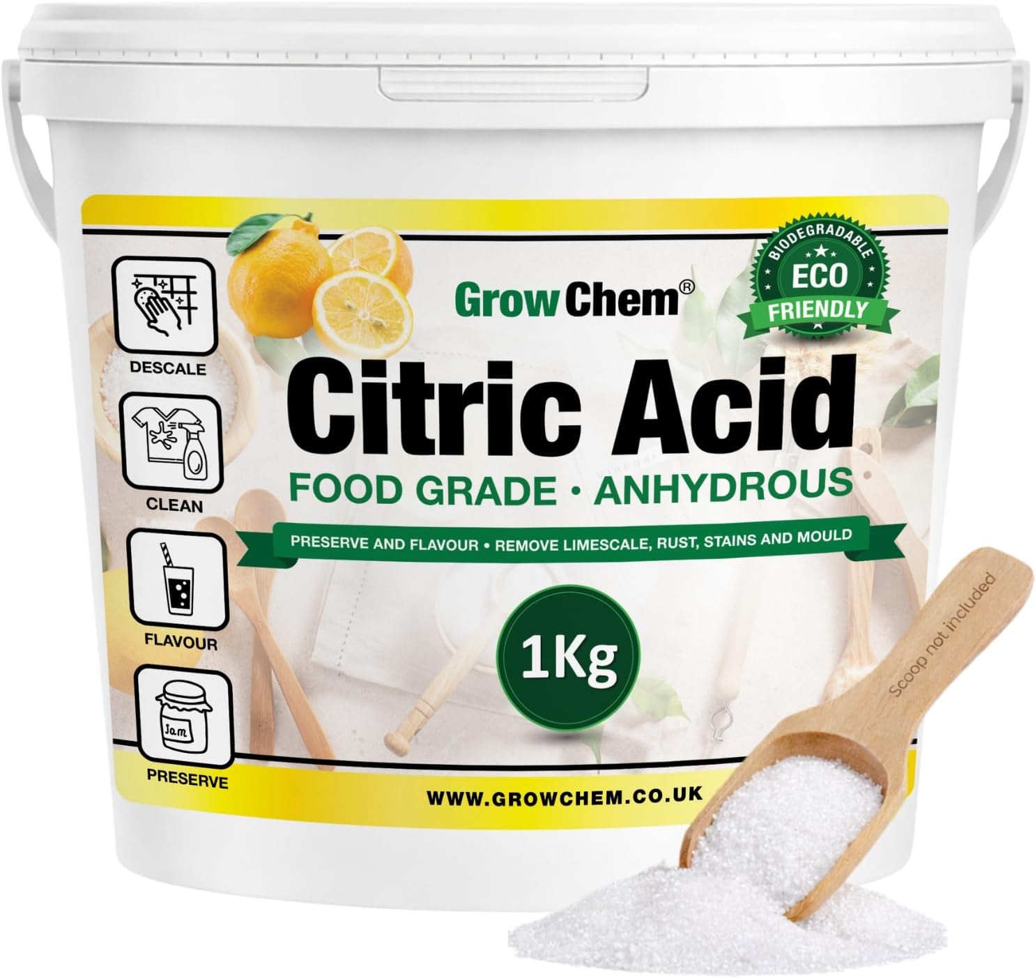Citric Acid (1Kg Bucket) – Pure Anhydrous, Food Grade Citric Acid for Cleaning, Descaling, Food Preservation, Flavouring and making Bath Bombs.