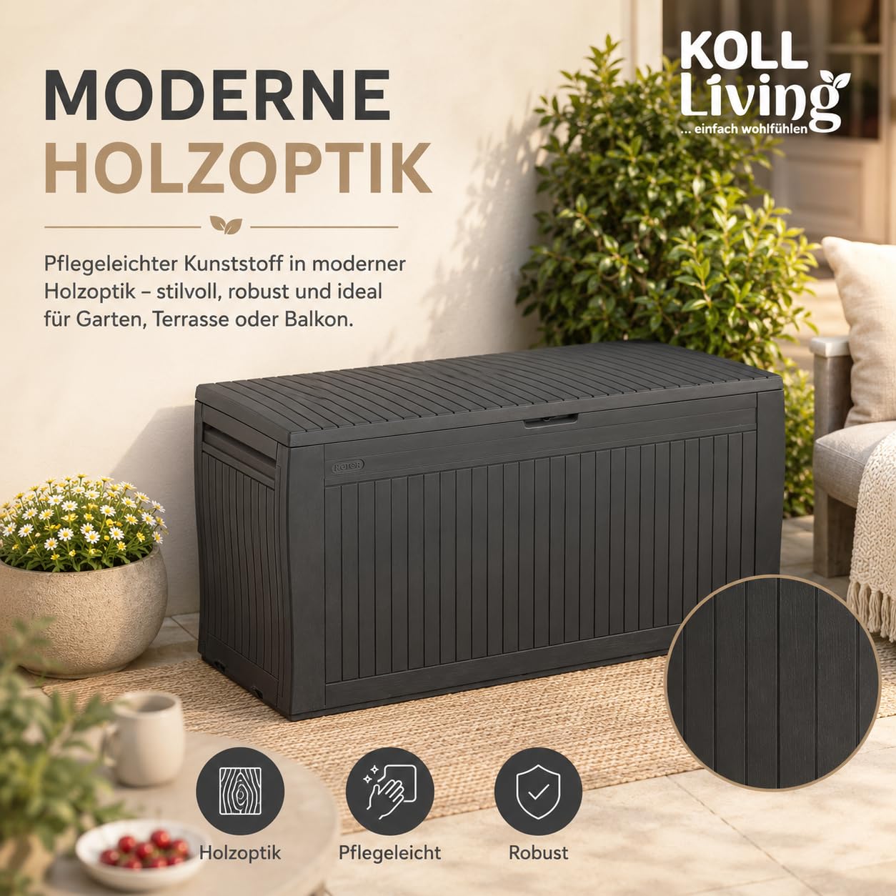 Keter Koll Living - Caja para Cojines (270 L, 100% Resistente al Agua, con ventilación, por lo Que no Hay Mal Olor/Moho, Aspecto de Madera, Tapa Que soporta hasta 250 kg)