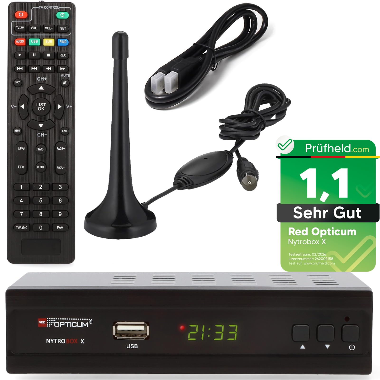 Opticum Nytrobox X DVB-T2 Receiver mit PVR Aufnahmefunktion und DVB-T Antenne Set HDMI SCART USB