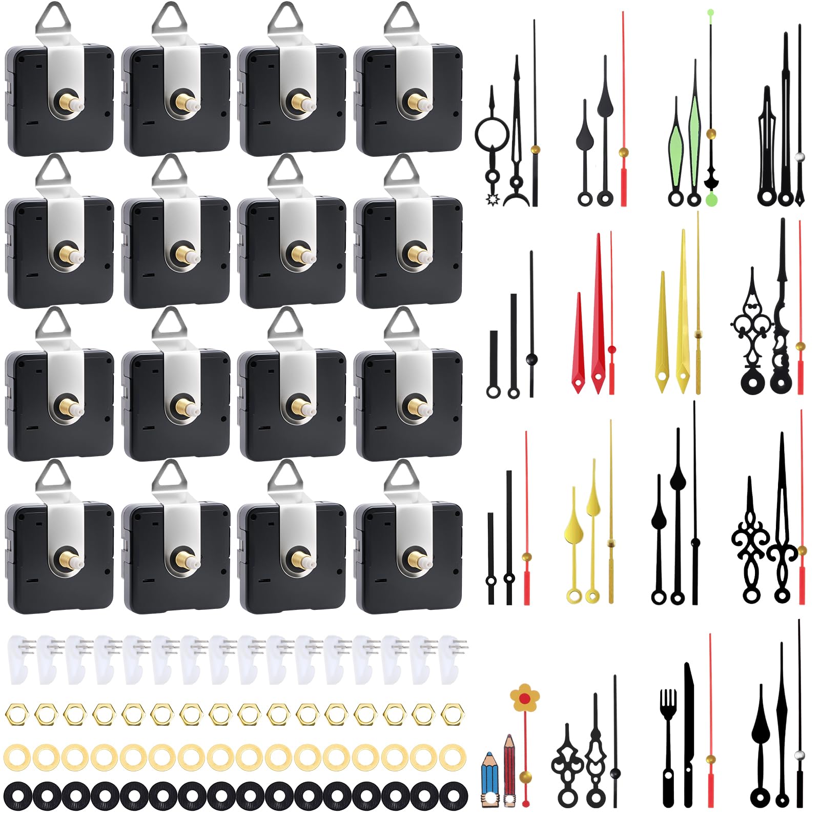 16-teiliges Quarz-Uhrwerk-Set, batteriebetriebenes Uhrwerk mit 16 Sets Aluminium-Uhrzeigern, Haken und selbstklebenden Nägeln, Ersatz-Uhrwerk für DIY-Wanduhr-Reparatur und Herstellung