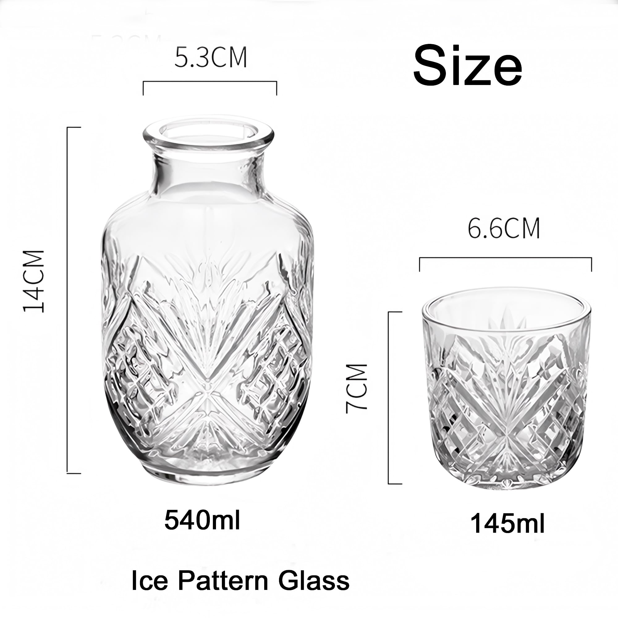 ABPETE Bedside Water Carafe and Glass Set : Glass Water Bottles with Cup,Water Carafe with Cup Suitable for Juice, Milk, Coffee, Tea or Cocktail,540ml (Snow Pattern)