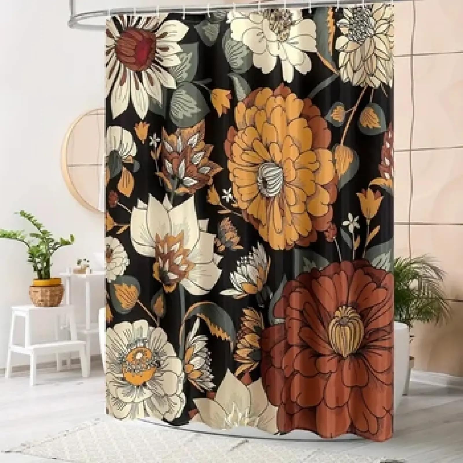 1 Stück Bunter Bohemian-Duschvorhang mit Kunststoffhaken, modernes abstraktes Blumendesign, schickes Badezimmerdekor, 230 x 170 cm (B x L), 170 cm Länge