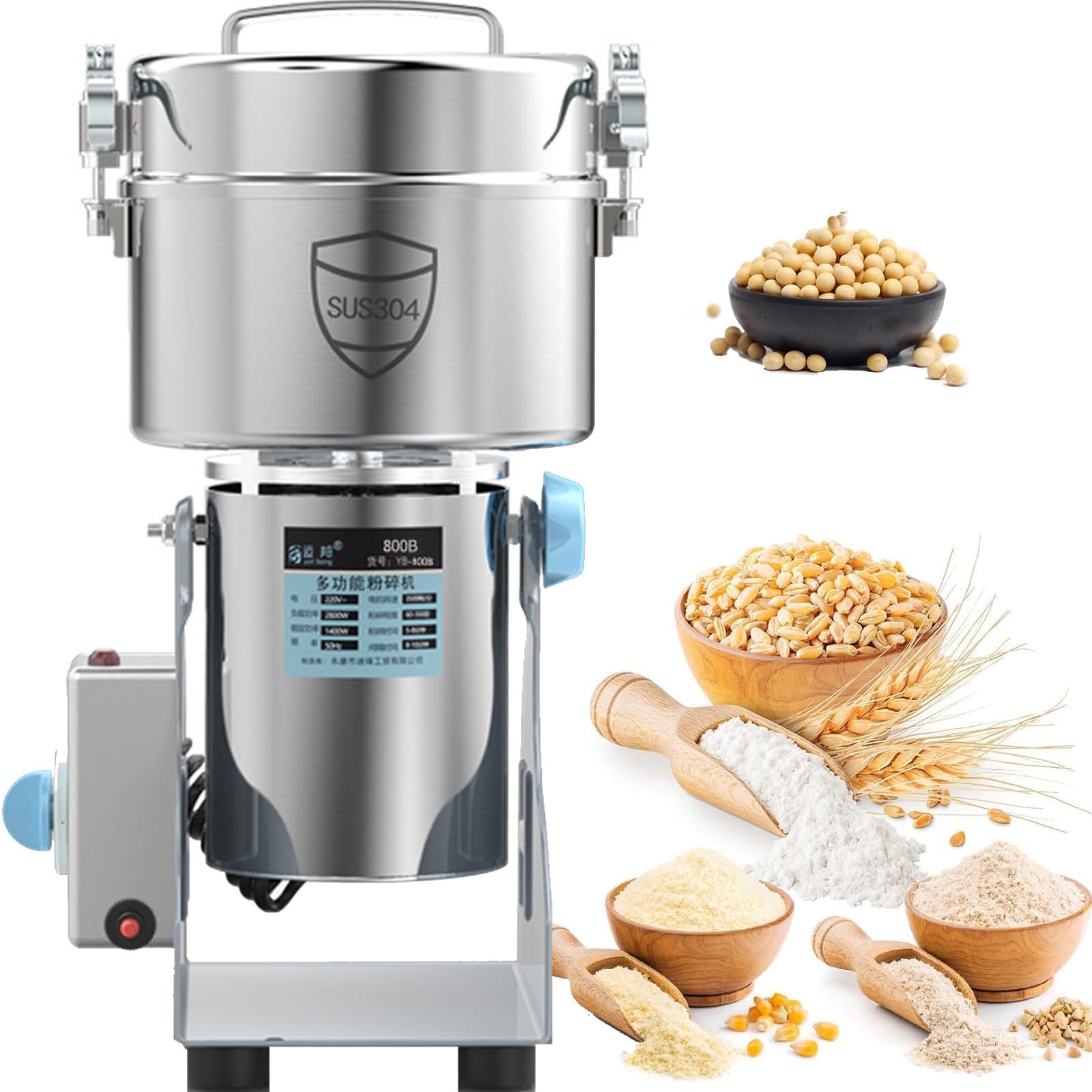 Molinillo eléctrico Grano 1500-4500g, Acero Inoxidable, Motor Comercial 3100W 32000rpm, con molienda superfina Alta Velocidad 30 s, para moler Diversos Cereales, Hierbas, Frutos Secos. 2000g