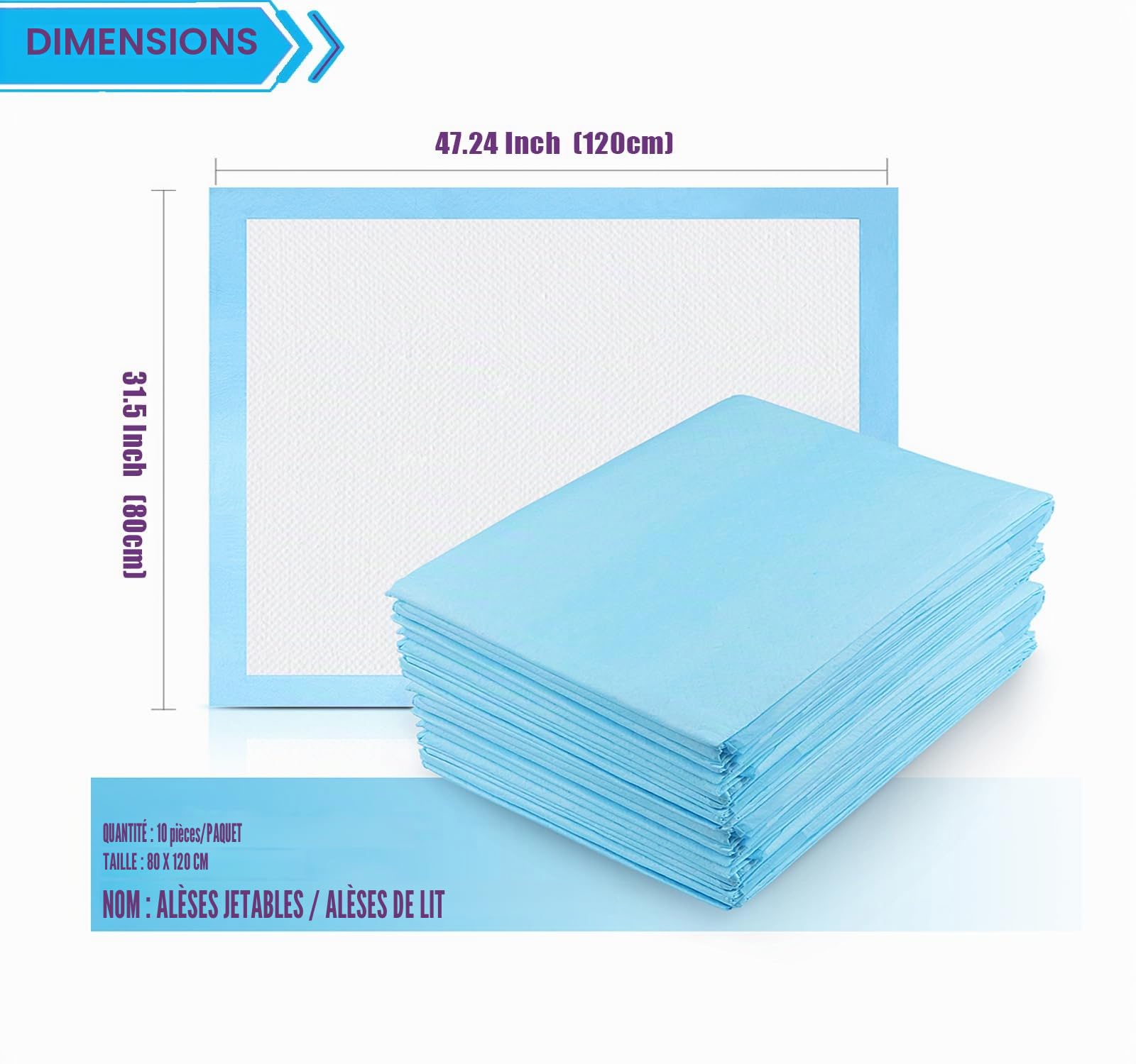 Alèses d'hôpital Alèses jetables pour bébé Tapis de change imperméable Tapis de change respirant Forte absorption 80 x 120 cm (80 x 120 cm, Lot de 10)