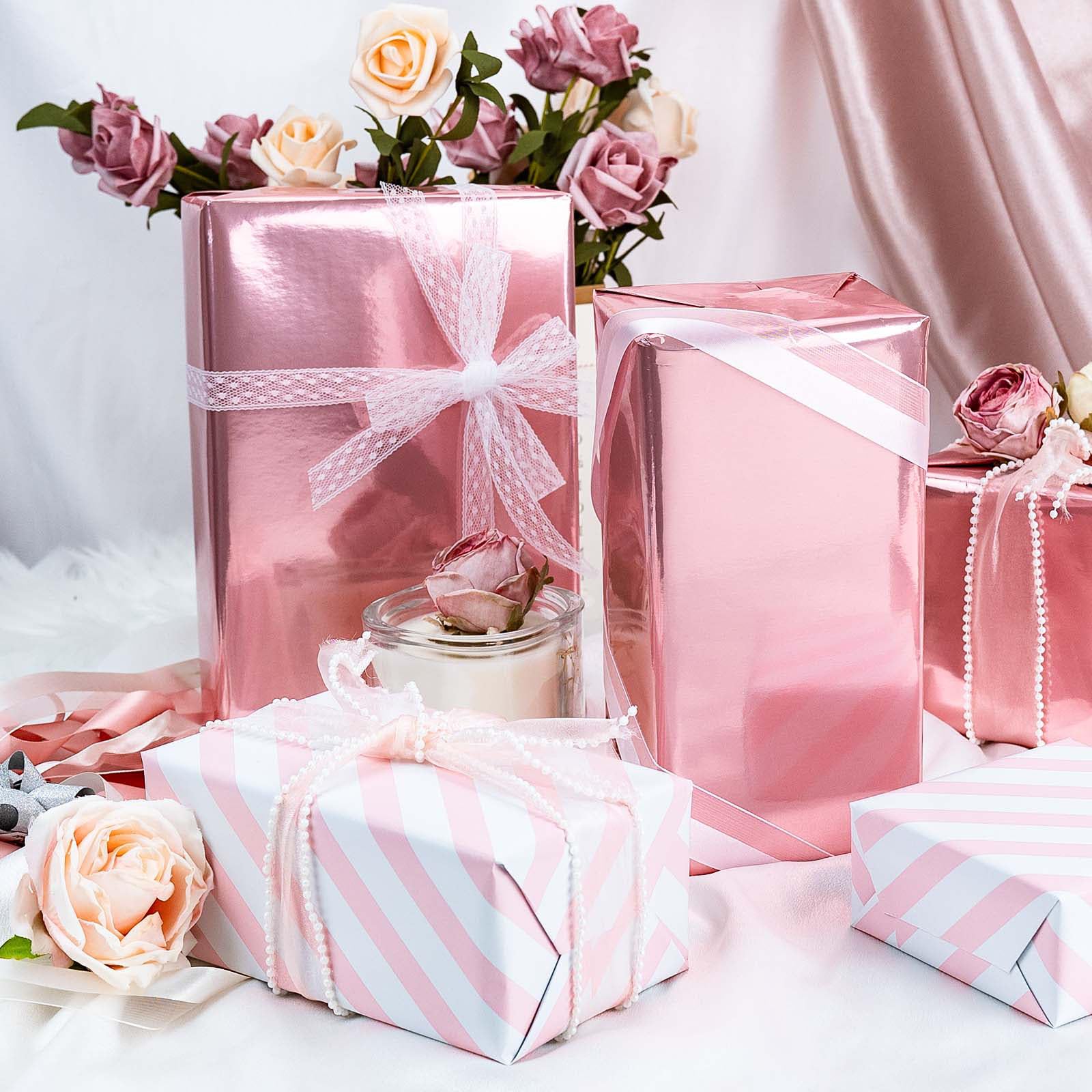 Wikadlik Mini Geschenkpapierrolle, metallisiertes Rosa, Streifen, beidseitig verwendbar, für Geburtstage, Valentinstag, Muttertag, Babyparty, Hochzeiten, 43 cm x 10 m
