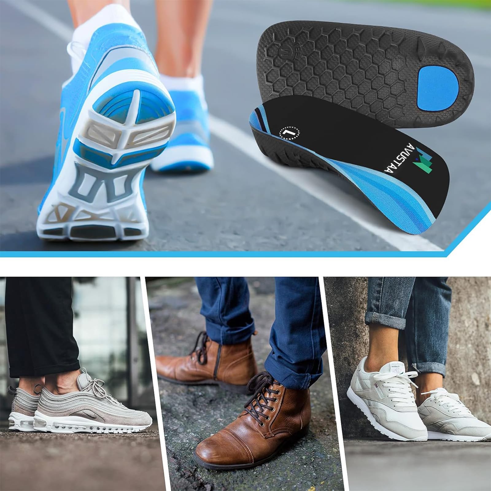 Plantillas ortopédicas 3/4 para pies planos, alivio de la fascitis plantar, sobrepronación, zapatos de hombre, mujer, correr, negro y azul (talla S: hombre 38-39, mujer 39-40)
