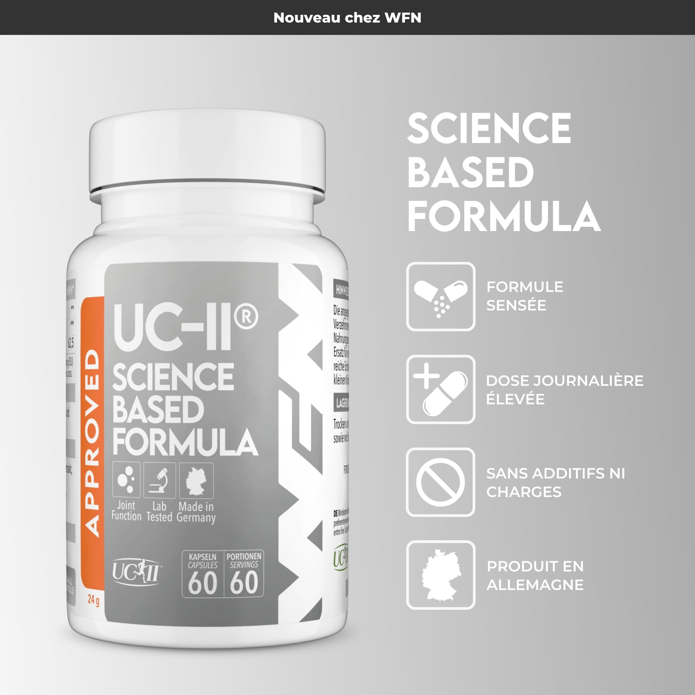 WFN Approved UC-II - Collagene Type 2 non dénaturé - 60 Gélules - Complexe articulaire avec Collagène UC 2, Vitamine C et Boswellia Serrata - Testé en externe