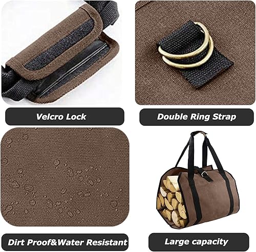 Miniatura 18 de Lckaey Bolsa de transporte de leña con asas Soporte de madera de lona para chimenea Camping estufa Tote Accesorios al aire libre 2PCS CH001-negro