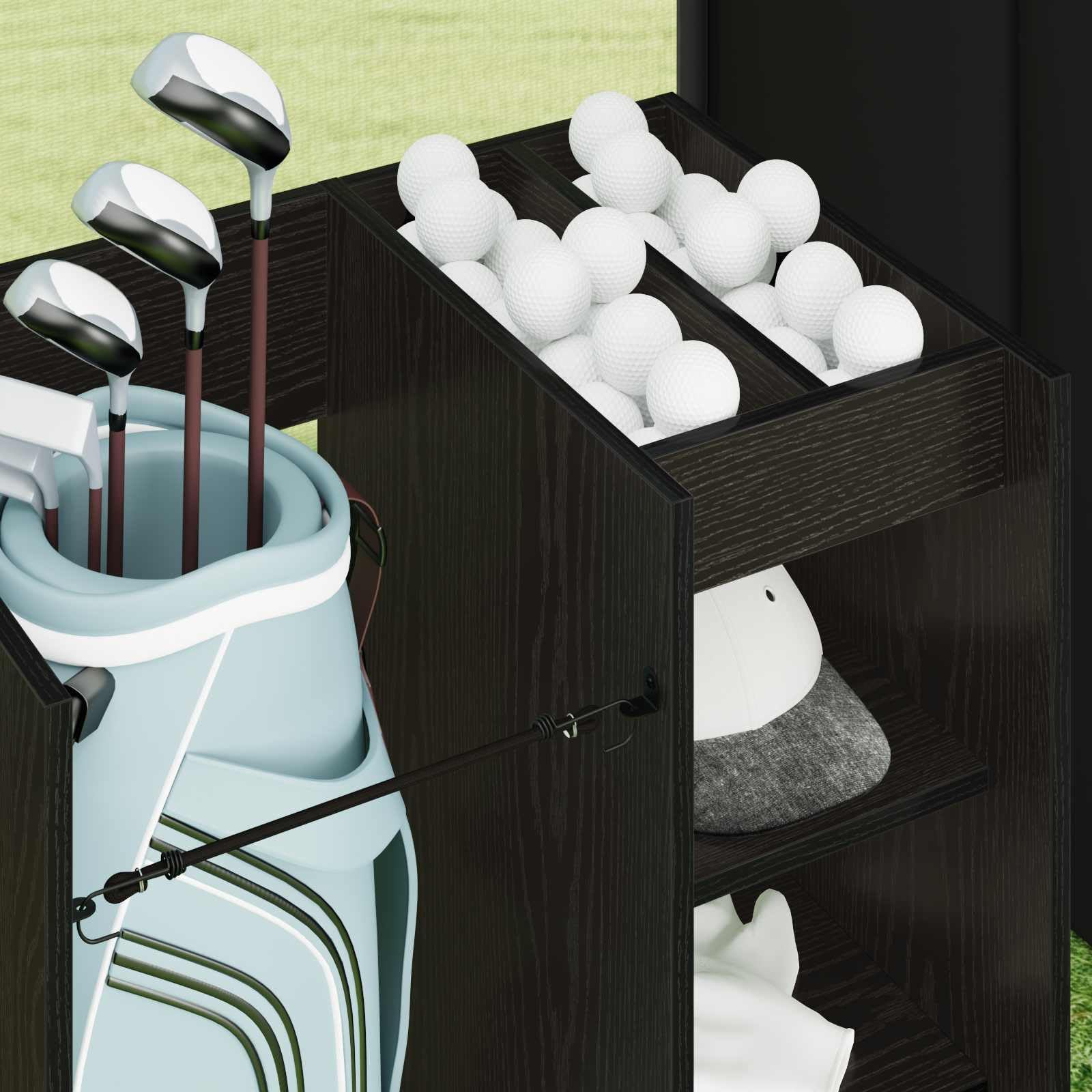 Szafka golfowa, regał na kółkach, kolor czarny, wygląd dębu, 65 x