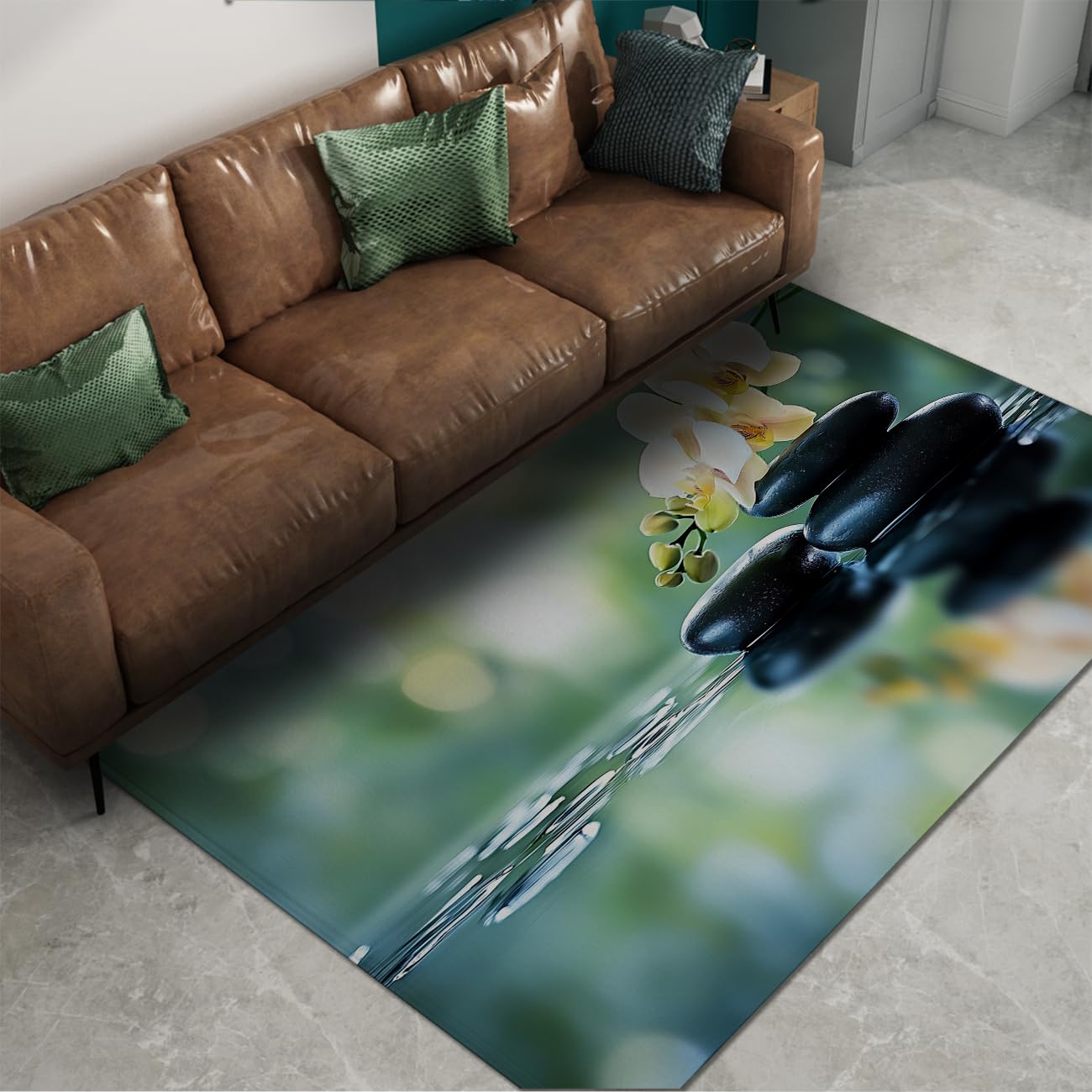 Espace méditation 160x230cm Tapis d’Espace Pierres calmantes et orchidées sur Eau Lavage à Machine à moquettes à Poil Bas et Confortable pour Spa Salle Bain décoration du Sol