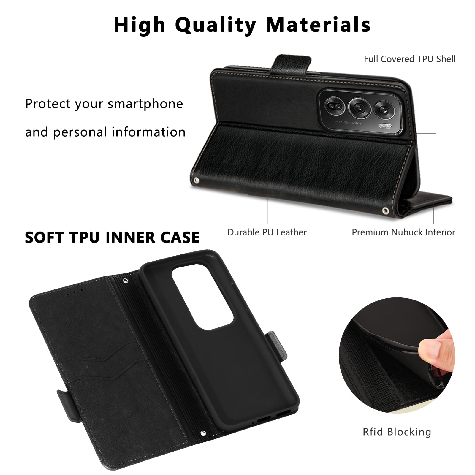Cover Per Oppo Reno 12 Pro 5G, Custodia Flip Pelle Portafoglio, Magnetica Libro Slot Schede Reno 12 Pro Cover, Silicone TPU Bumper Wallet con Supporto Antiurto Case Per Oppo Reno12 Pro Nero