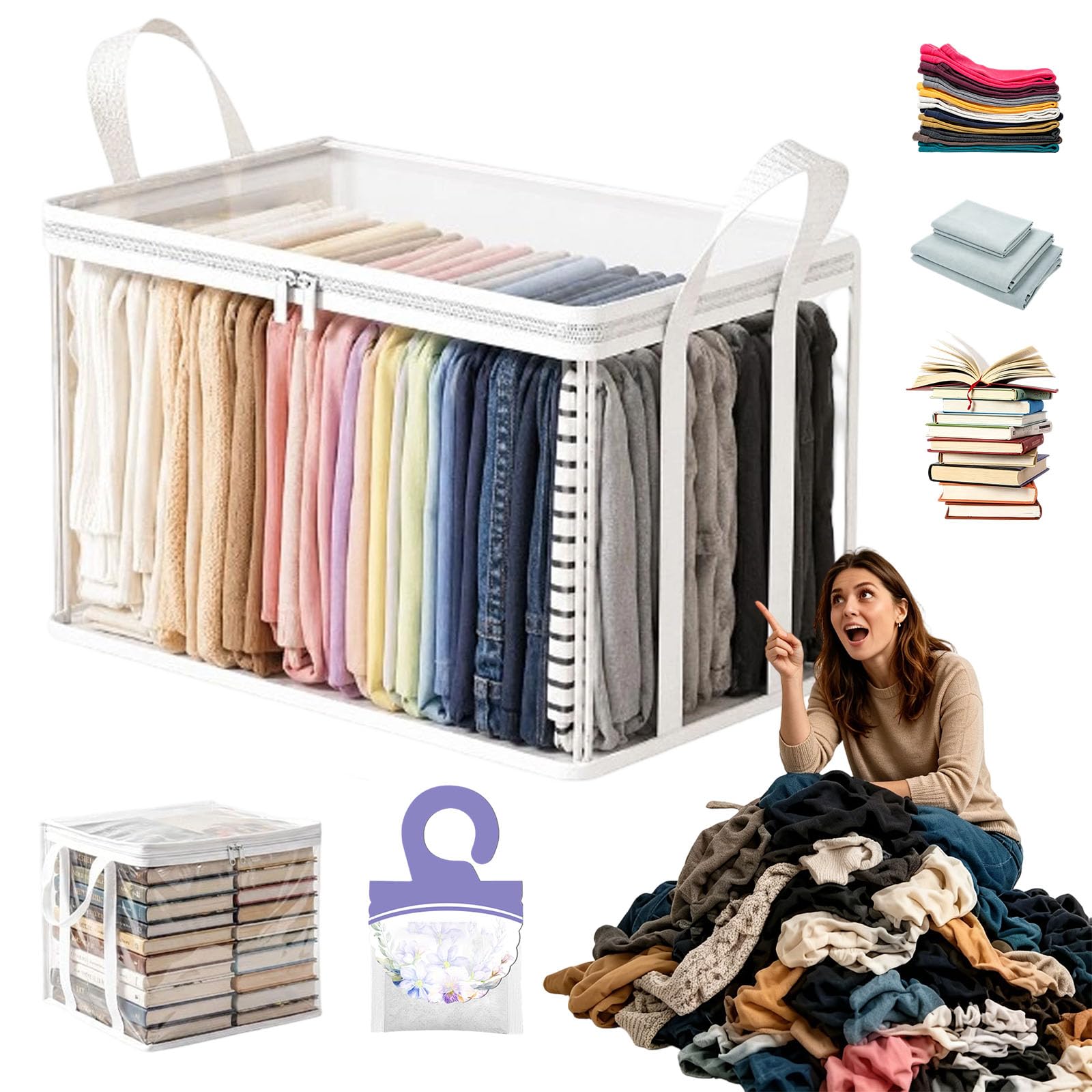 Large Heavy-Duty Thick Plastic Clear Storage Bag for Clothes, Moving & Storage, Clear Plastic Storage Boxes with Hinged Lid, Stackable & Dustproof Organization Bins, Maximize Closet Space (White,1L)