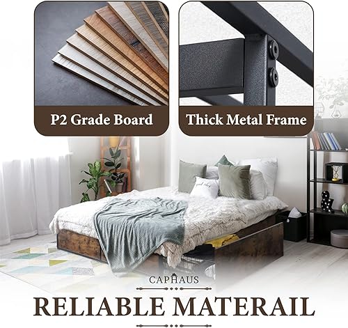 Miniatura 6 de CAPHAUS Base de cama de almacenamiento de metal industrial con 4 cajones, base de colchón con soporte de listones de metal, marco de cama de