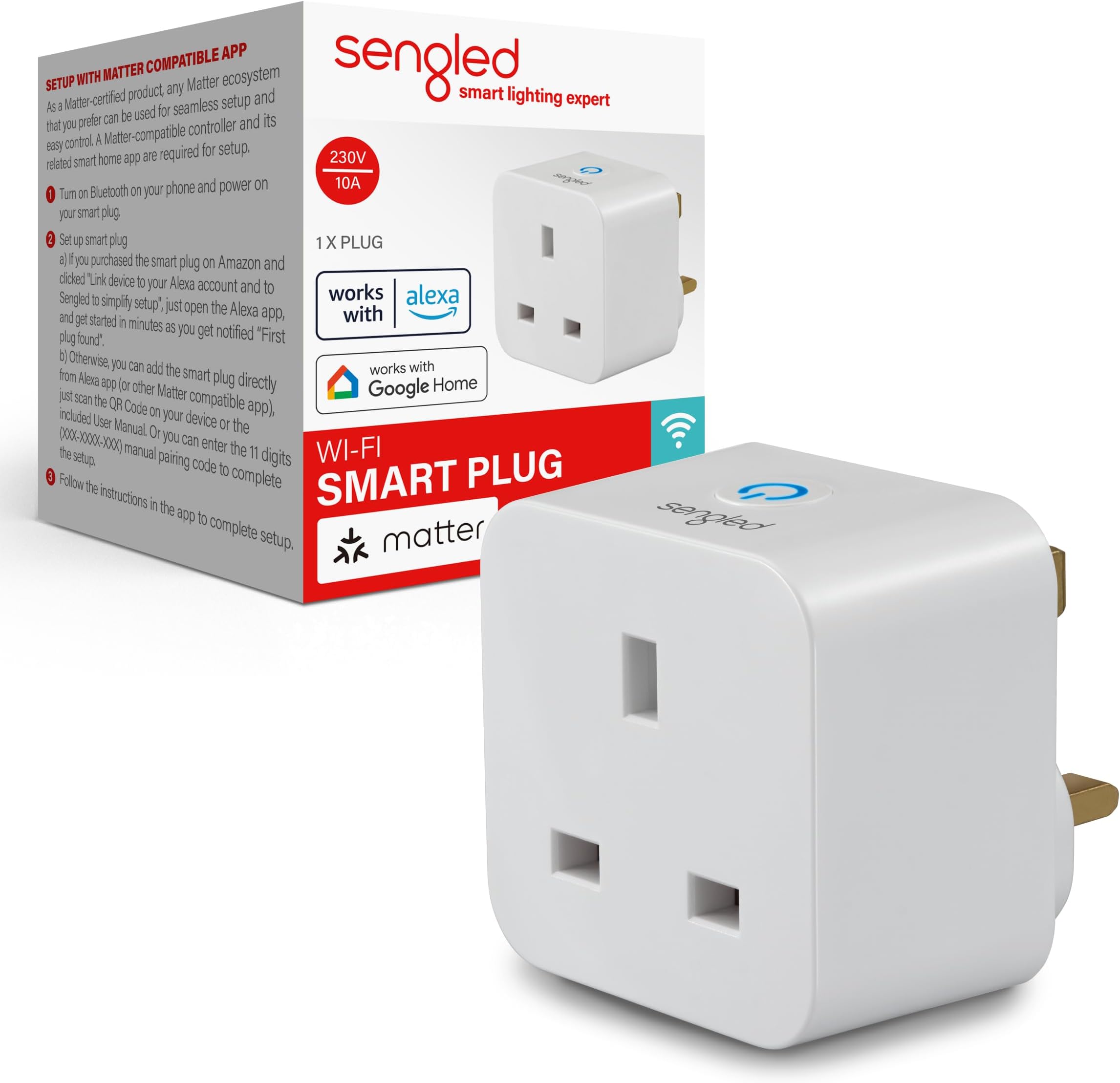 Sengled Smart Plug, Matter-Enabled, Works with Alexa, Instant Pairing, Supports Up to 2300W, Matter-Compatible Platform Required, 2.4 GHz, Wi-Fi, 1-Pack