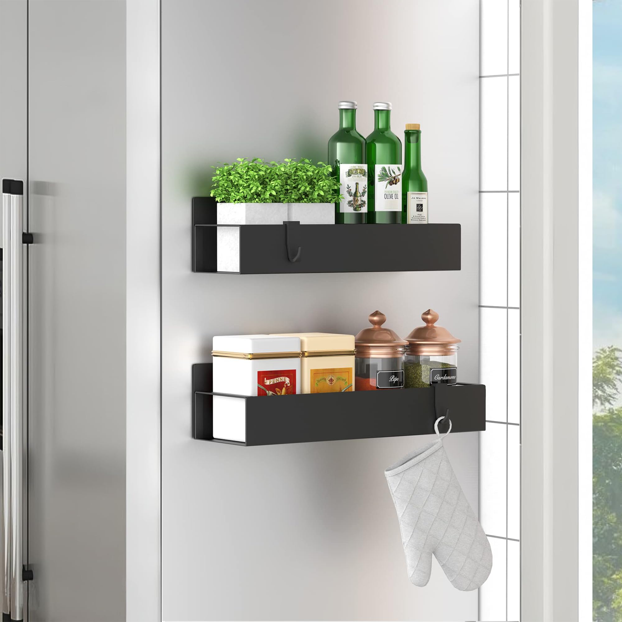 Magnetic Spice Rack for Refrigerator, 2 pack, Spice Rack Organizer for Refrigerator and Microwave Oven, Multi Use Kitchen Magnetic Shelf, Black
