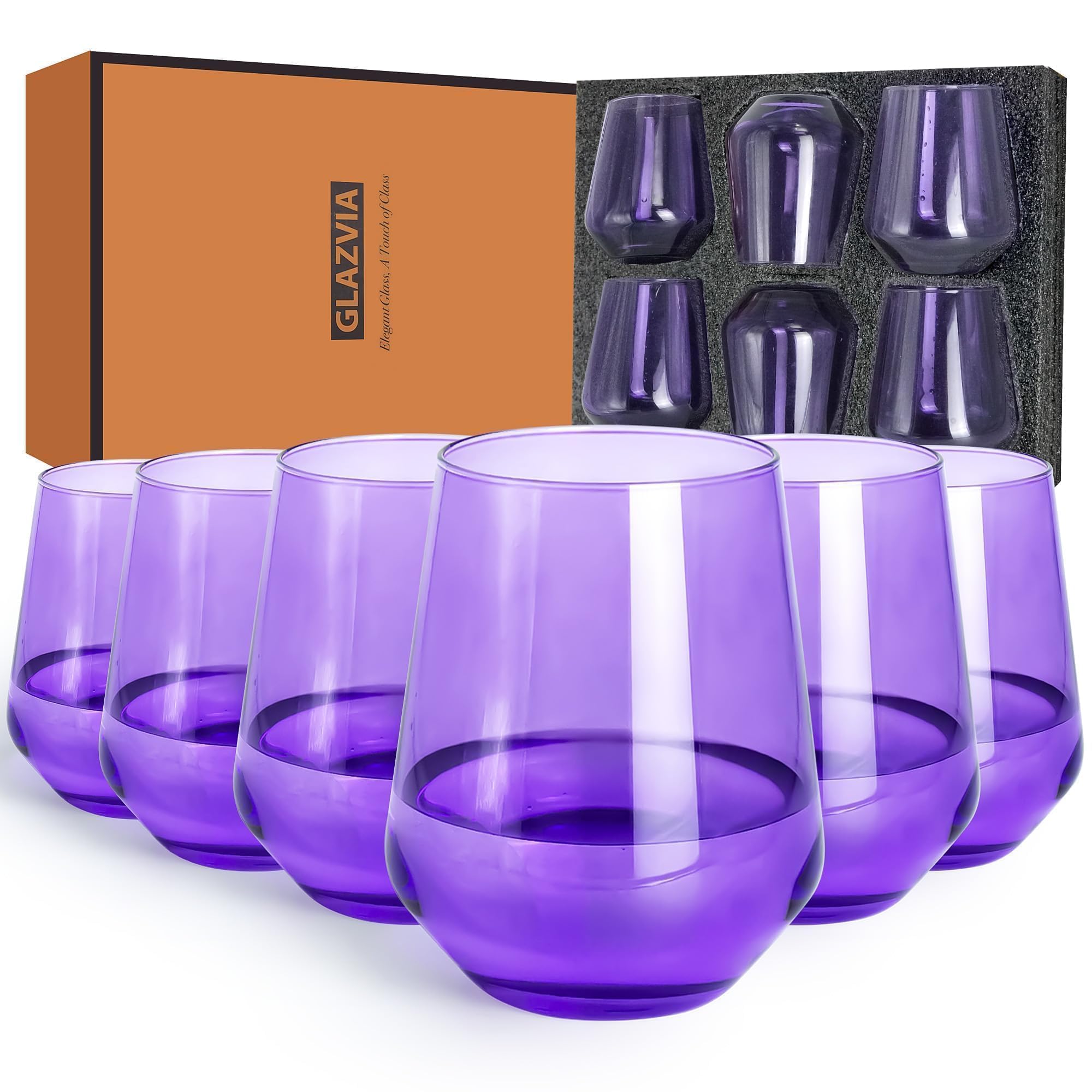 GLAZVIA Purple Stemless Wine Glasses Set of 6, 15oz Drinking Glassware Dishwasher Safe, Wine Glass Tumblers for Red or White, Gift for Party, Holiday, Anniversary, Restaurant, Home Bar, Daily Use
