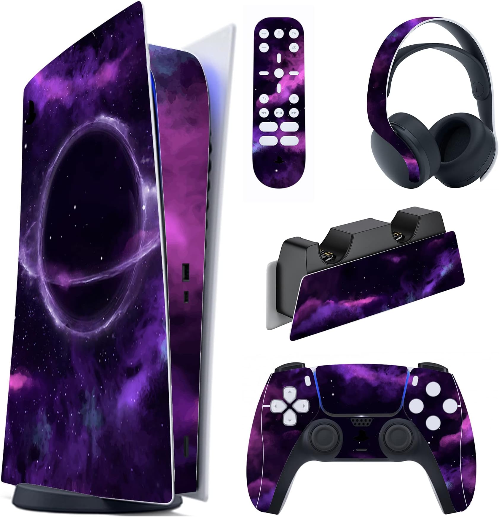 PlayVital Full Sticker for ps5 Digital Edition Sticker Vinyl for ps5 Console&Control&Charging Station&Remote&Earbuds Skin Sticker for ps5-Deep Space Purple