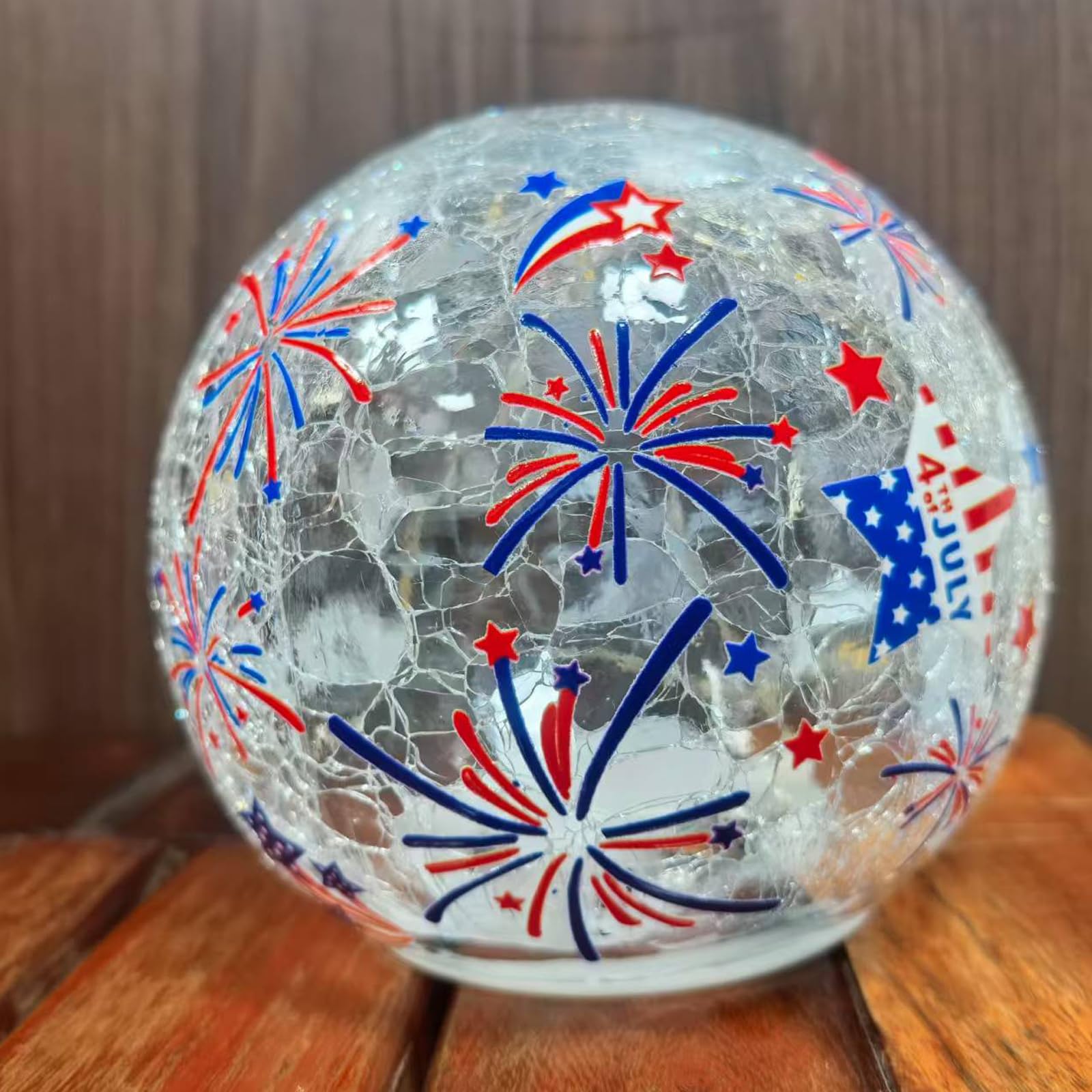 4th of July Patriotic Light Ball Glass Globe Light Led for Independence Day Party Decorations Garden Tabletop Floor Indoor Outdoor Lamp with Flag Star Fireworks Decals Blue Red White Accessory Decor