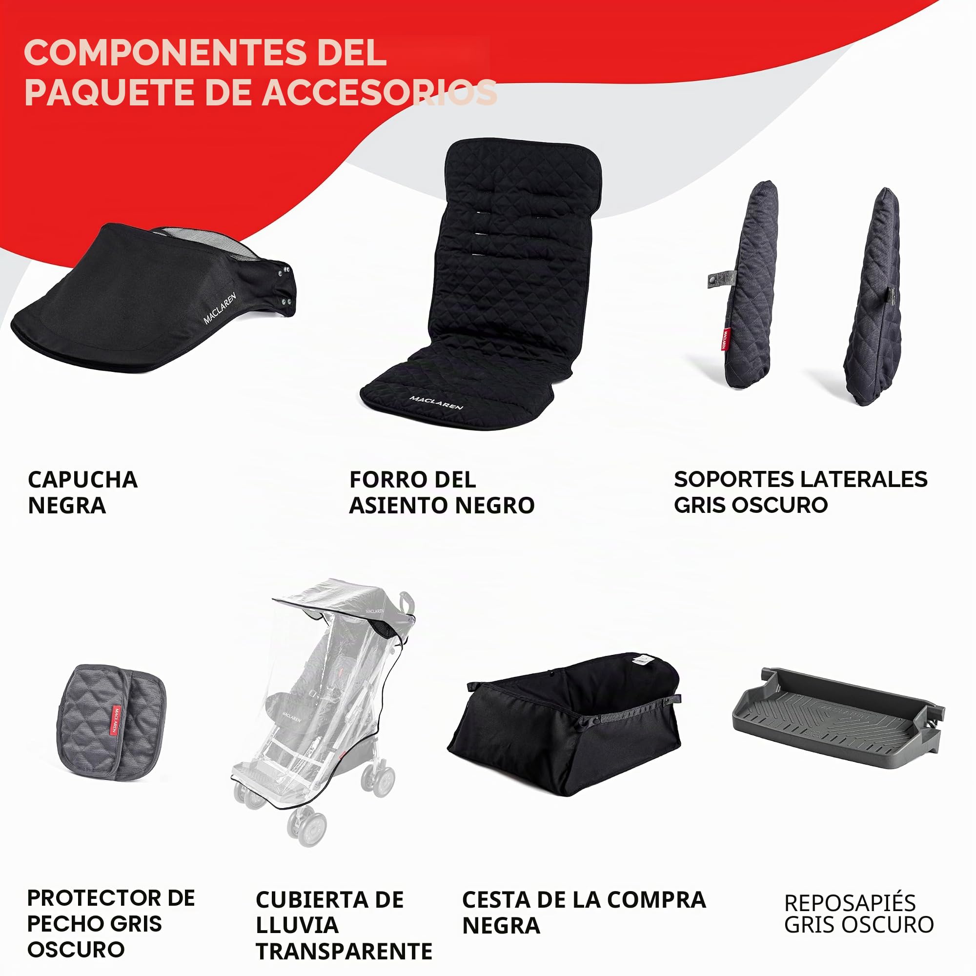 Carrito para personas con discapacidad Maclaren Major Elite y paquete de accesorios * Cochecito para necesidades especiales para niños mayores de hasta 50 kg (110 lbs) * (Negro)
