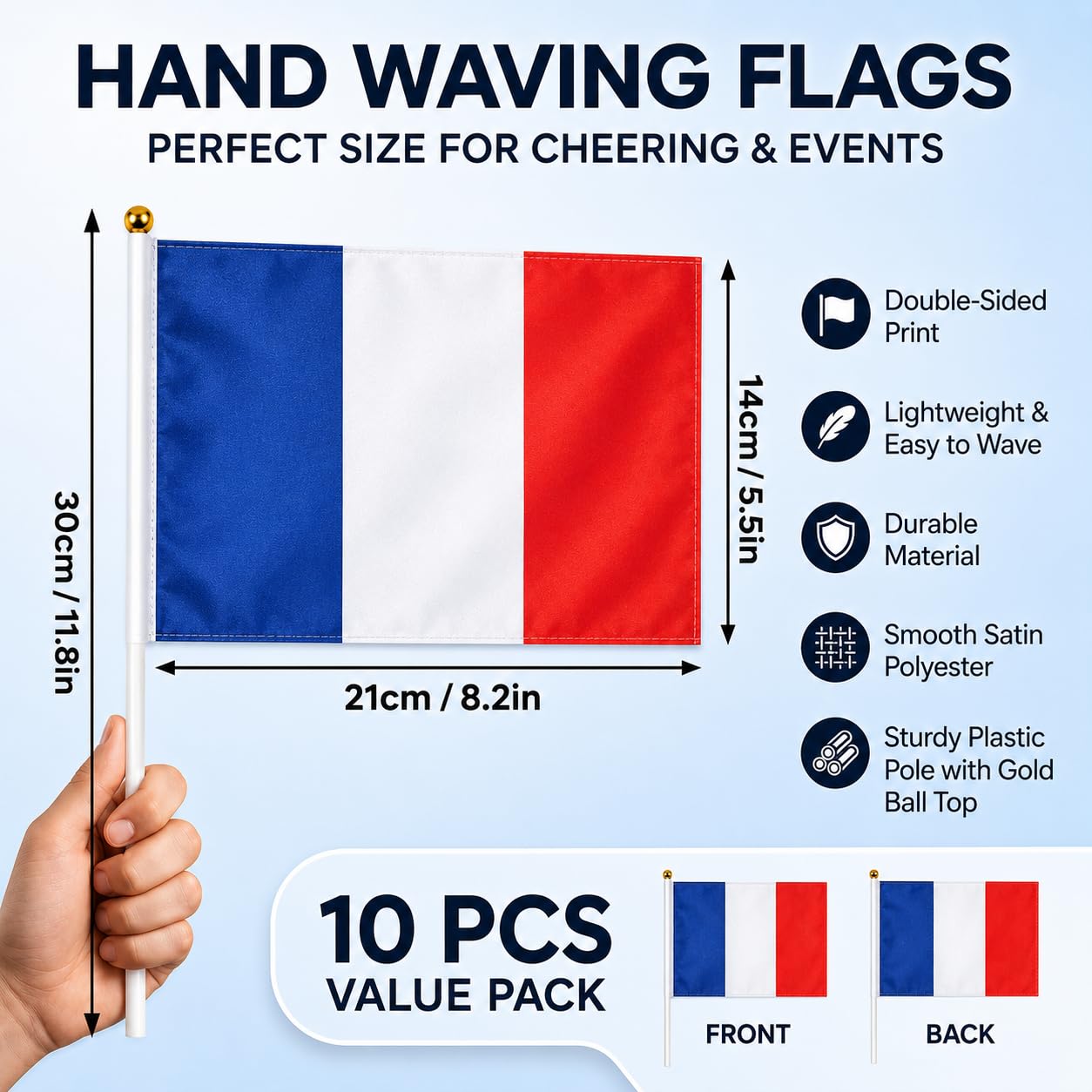 Petits Drapeaux à Main France Lot de 10, 14 x 21 cm, Drapeaux en Polyester avec Bâton pour Football Fan Zone
